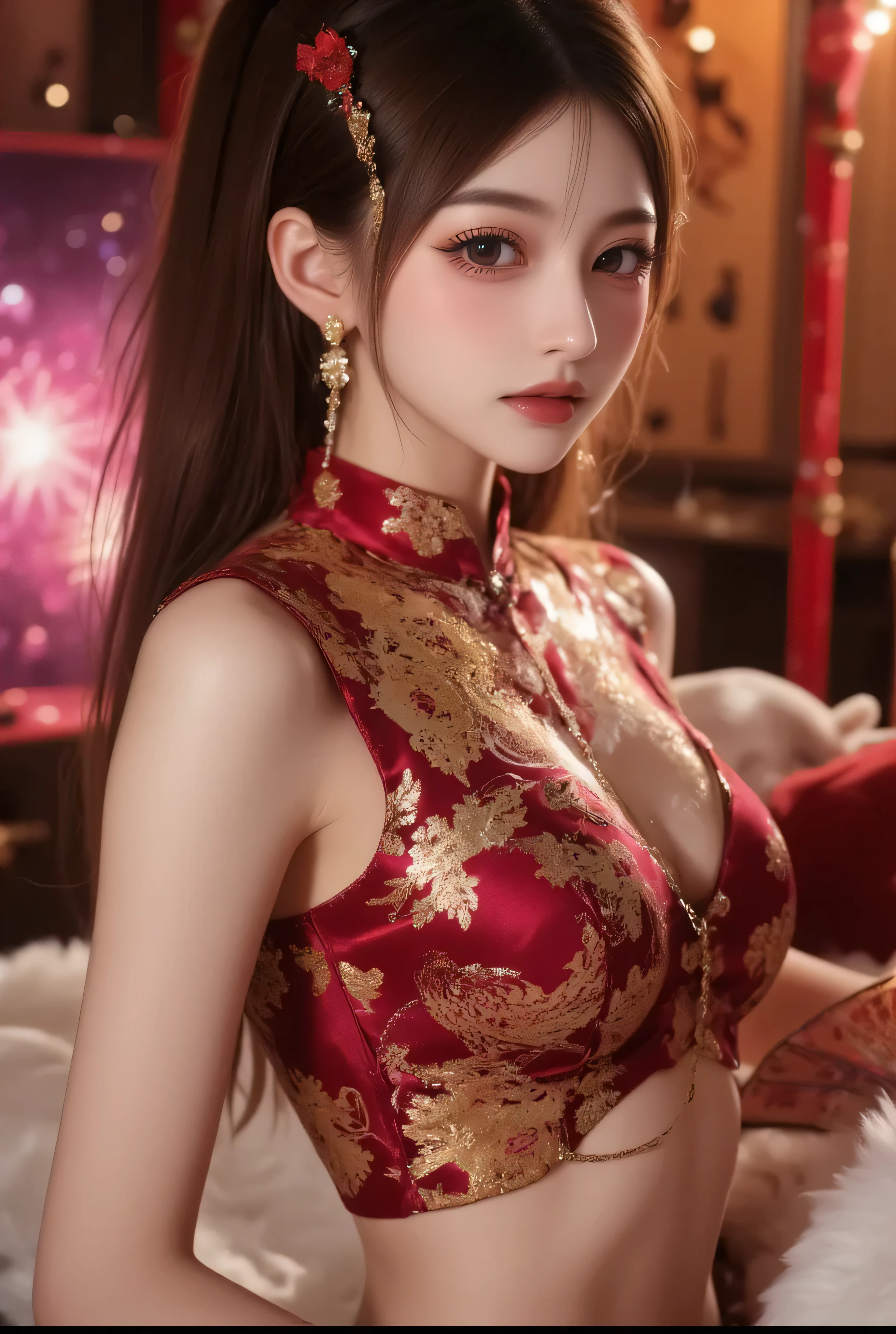 Cat ears、 face up, attractive, pretty girl, ponytail、 (( fine facial features , eroticism)), dramatic lighting , realistic , 8k, Dramatic Shadows , intricate and elaborate patterns , super detailed photo , chiaroscuro lighting , Pleasant colors , deep contrast , super real 、 pink lipstick、 pretty earrings, pretty necklace, pretty hairpin, warm room、Vintage Fireplace 、 cinematic composition、Close-up of face, pretty half part transparent open shoulder loose outfits dress, tang style, A beautiful Korean idol wearing a short colourful tightly cheongsam with phoenix and intricate floral golden embroidery, golden and silver outline on dress, hand with pink feathers paper fan and paper fan have golden ink drawing on it, standing gracefully in a room filled with traditional Chinese New Year decorations. The room features vibrant red lanterns, decorative calligraphy scrolls, a small Chinese orange tree with golden ornaments, and several red envelopes scattered across the floor and hanging from the tree. Adorable, playful cats are part of the scene—some sitting near the tree, others curiously pawing at the red envelopes or lounging around. Through a window or an open door in the background, vibrant Chinese fireworks light up the night sky in an array of reds, golds, and blues, casting a magical glow into the room. The idol’s outfit is paired with subtle accessories like red hairpins or earrings, complementing the festive look. The atmosphere is warm and lively, filled with the joyful essence of the celebration, enhanced by the shimmering lights of the fireworks and the lively decor.