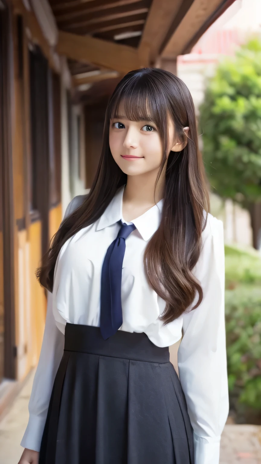 highest quality、4K、8k、 high image quality、 Masterpiece:1.2、 very detailed、 Genuine:1.37、 portrait 、Gentle colors、Gentle Light、 beautiful girl、 I'm wearing long, flowing hair、 gentle face、Thoughtful eyes 、 white skin、 Happy Expression 、 great atmosphere 、 shirt、Subtle brushwork、Dreamy composition、 staring into the distance 、 ROMANTIC ATMOSPHERE 、 achromatic 、 Soft Shadows 、 show their full body、 plump breasts、I'm wearing a 、 high school uniform