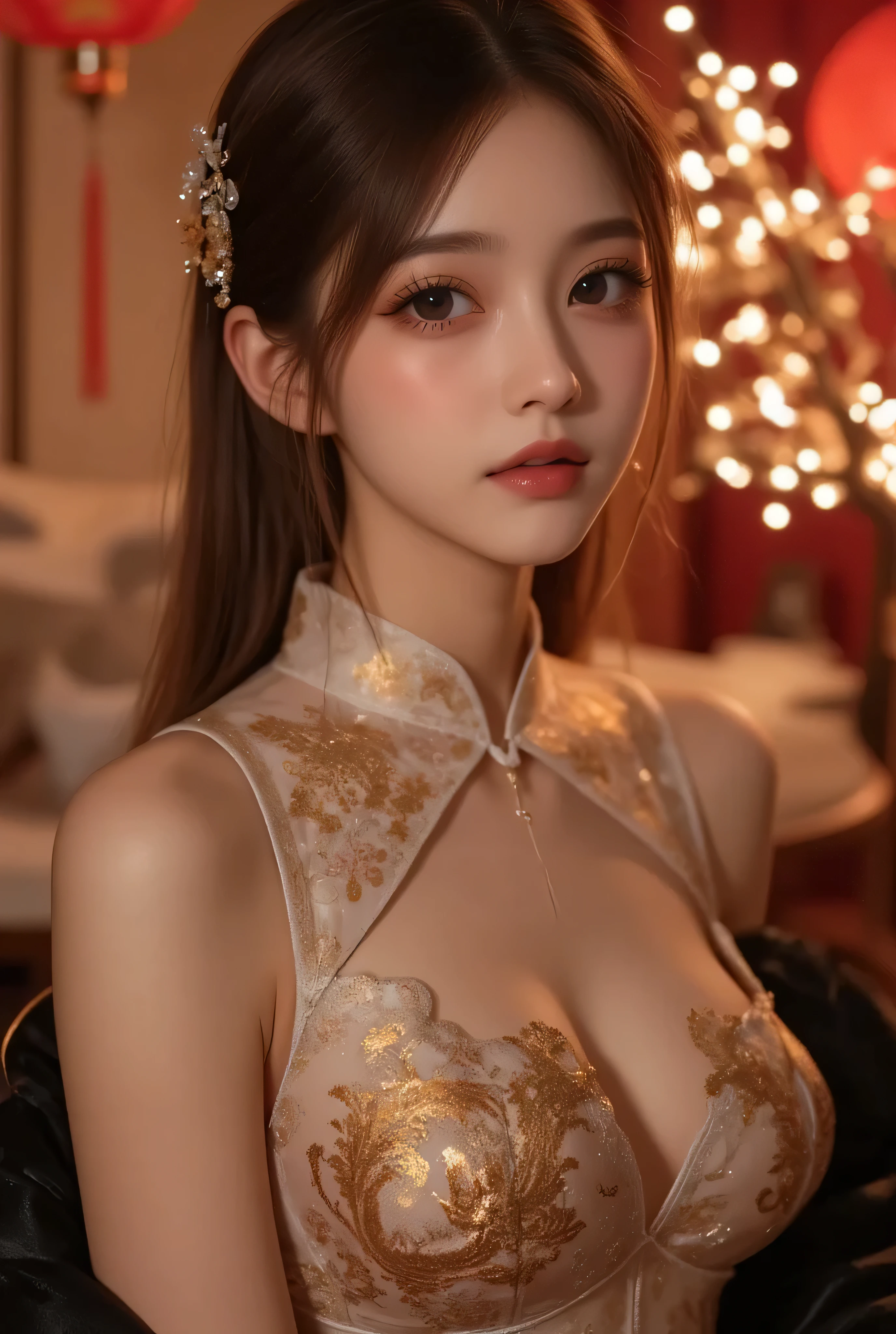 View from up front, Cat ears、 face up, attractive, pretty girl, ponytail、few beautiful lady hair decorations, (( fine facial features , eroticism)), dramatic lighting , realistic , 8k, Dramatic Shadows , intricate and elaborate patterns , super detailed photo , chiaroscuro lighting , Pleasant colors , deep contrast , super real 、 pink lipstick、 warm room、Vintage Fireplace 、 cinematic composition、Close-up of face, pretty half part transparent open shoulder loose outfits dress, tang style, A beautiful Korean idol wearing a one piece red- black tightly cheongsam with phoenix and intricate floral golden embroidery, golden and silver outline on dress, standing gracefully in a room filled with traditional Chinese New Year decorations. The room features vibrant red lanterns, decorative calligraphy scrolls, a small Chinese orange tree with golden ornaments, and several red envelopes scattered across the floor and hanging from the tree. Adorable, playful cats are part of the scene—some sitting near the tree, others curiously pawing at the red envelopes or lounging around. Through a window or an open door in the background, vibrant Chinese fireworks light up the night sky in an array of reds, golds, and blues, casting a magical glow into the room. The idol’s outfit is paired with subtle accessories like red hairpins or earrings, complementing the festive look. The atmosphere is warm and lively, filled with the joyful essence of the celebration, enhanced by the shimmering lights of the fireworks and the lively decor.