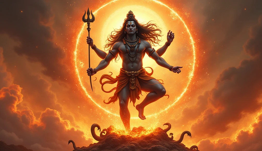 ((highest quality)),(ultra high resolution),(Super detailed),(detailed description),((best CG)),(best work of art),super precision art,amazing drawing art,(Fantasy art with precise details:1.5), (Lord Shiva:1.6),elaborately crafted weapons:1.8, Huge flames rained down from the sky and consumed the earth.、dried up the sea。