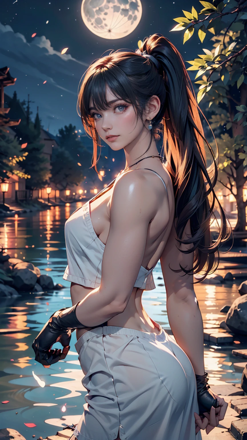 (1 front photo), beautiful face, Highly detailed face and skin texture, (fine eyes), brown eyes, double eyelid, thin eyebrows, glitter eyeliner: 1.2, natural cheeks, shiny skin, white skin: 1.2, shiny earrings, (glossy lips: 1. 4), ((in heat)), (30 years old), (Straight ponytail, brown hair, diagonal bangs)), (focus on the back), (nude),((shoot from behind)),Moonlight night,big breasts
