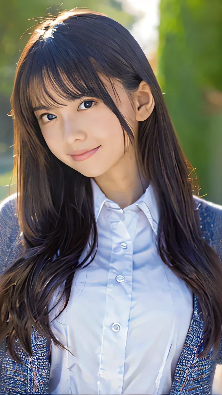  highest quality、4K、8k、  high image quality、 Masterpiece:1.2、  very detailed、 Genuine:1.37、  portrait 、Gentle colors、Gentle Light、 beautiful girl、  I'm wearing long, flowing hair、 gentle face、Thoughtful eyes 、  white skin、  Happy Expression 、 great atmosphere 、  shirt、 ROMANTIC ATMOSPHERE  、 achromatic  、 Soft Shadows 、  show their full body、  plump breasts、I'm wearing a 、 high school uniform