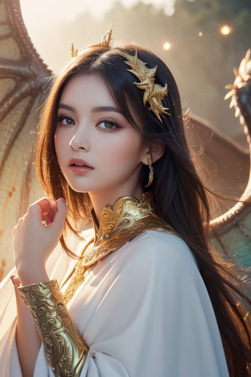 fusionart Fantasy, woman, headdress, horns, feathers, dark, ornate, face paint, intricate, glowing designs, regal expression, black dress, gold and silver embroidery, bracelets, rings, dark landscape, mountains, full moon.