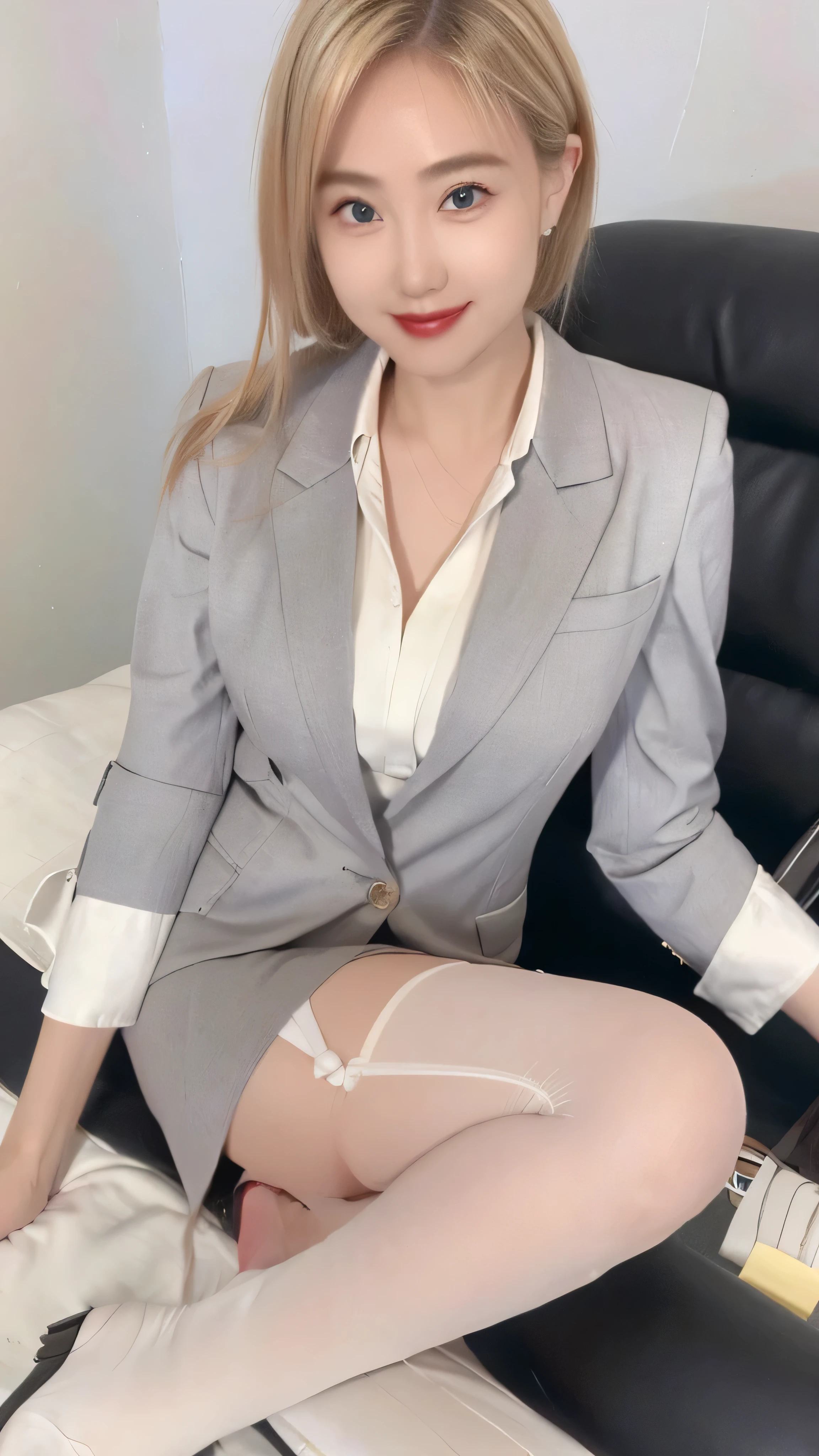 An elegant, upper-class, elite secretary in a business shirt, Outdoor、In the office district、厳格なsuitを着ている, Wearing pantyhose、Wear high-quality high heels、 Girl in a shirt, suitを着ている, suitを着ている, suitを着て, Businessman, Business Attire, 黒のsuitを着ている, Wear a shirt and skirt, suitを着た女性, smile、suit, Business Attire装, open leg sitting pose, Spread your legs, Showing off your crotch、Underarm, No bra, Small nipples stand out, Detailed Pussy Lines, detailed camel toe, No pants、Not wearing panties,Pantyhose、 The intelligent face of a Japanese beauty with unparalleled beauty and unparalleled cuteness, Very beautiful Japanese women、Captivating beauty、(A vivid face), slim, glamorous, solid curve, chest, Realistic eyes, Beautiful Eyes, (Real Skin), RAW Photos, (8k、highest quality、masterpiece:1.2)、(Intricate details:1.4)、(Photorealistic:1.4)、Octane Rendering、Highly detailed and intricate 3D rendering, Soft studio light,I can see the toes of her high heels、 Rim Light, Crisp details, Super Detail, Realistic skin texture, Brown messy long hair、surface details, 細部までBeautiful Eyes, Highly detailed CG Unity 16k wallpaper, (Detailed Background:1.2), Exposed thighs, thin black pantyhose、Full Body Shot.パンティを履かずにとても薄い黒のWearing pantyhose、Perfect legs、Healthy thighs、Tight ankles、