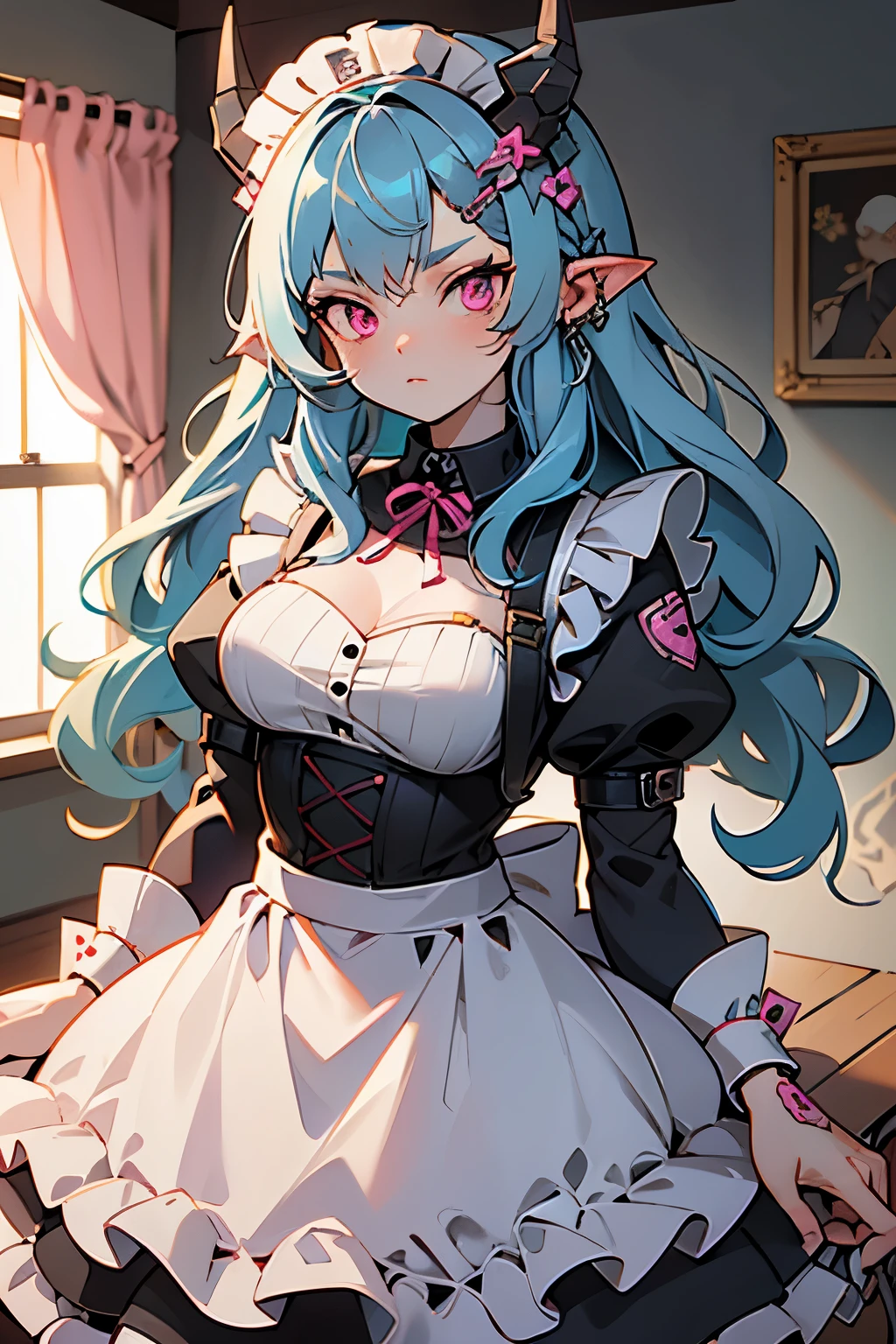 Arietta Elfinrine, delicated lady, lipgloss, violet eyes, teal hair, circlet, cross collar, white sheer mesh, pink ballgown with shoulders, big red ribbon with a rose at center on her chest, elbow gloves <lora:AriettaElfinrineXL:0.85>
