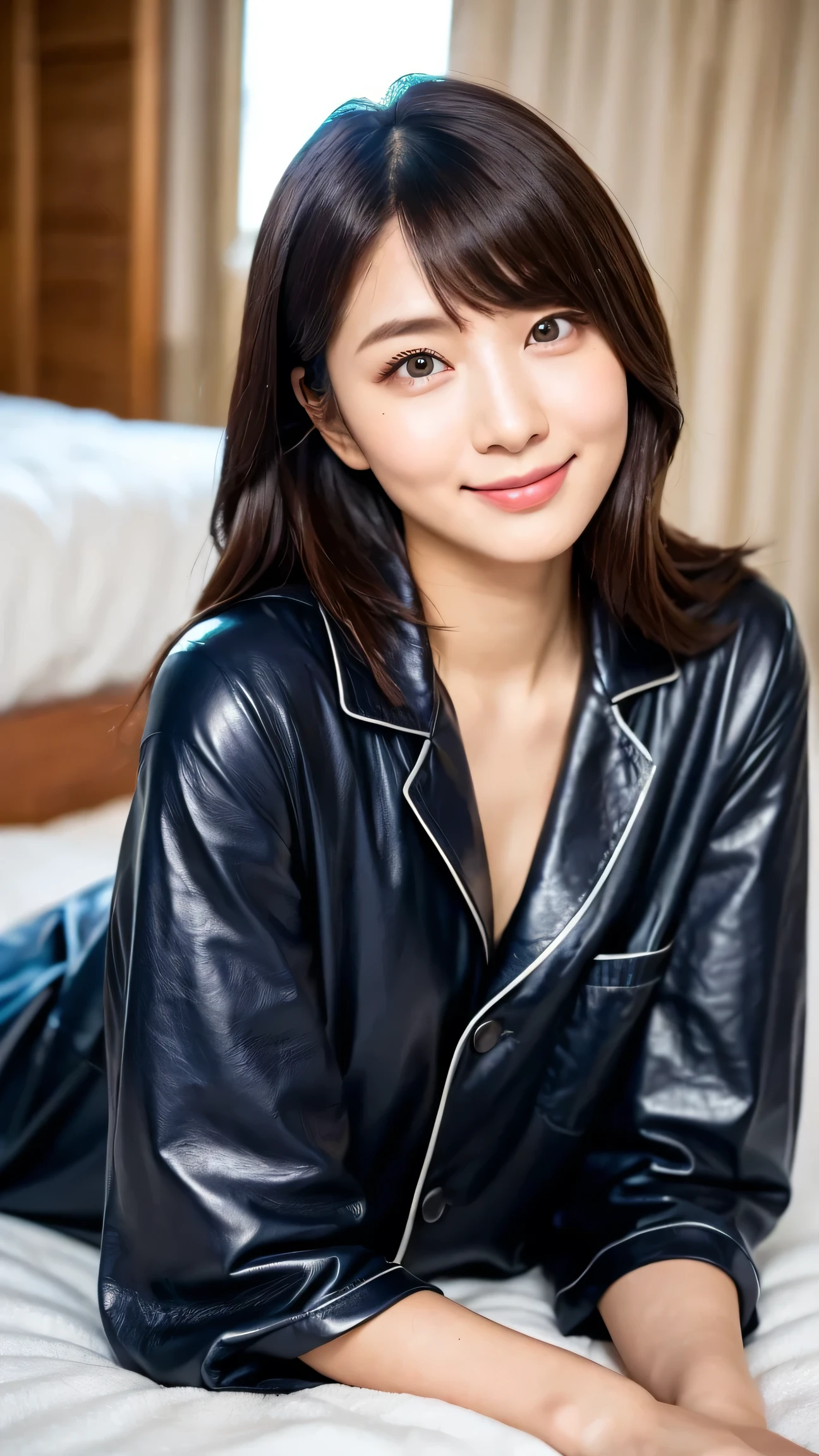 ( by Nomi:1.5), 8k, The beauty of an ultra-delicate face, ( dim room:1.5), Beautiful hair( highest quality: 1.0), ( super sharpness : 1.0),( Depiction of Beautiful Delicate Eyes ),((( beautiful Japanese women))), Unreal Engine:1.4,photo by Nomi:1.4, skin texture :1.4, Masterpiece:1.8, smile、Long limbs、(( on the bed ))、(( full body shot ))、((Navy blue leather pajamas that are slightly tight to the body and cover the whole body))、( semi-long hair))、(( I Don't Show My Skin))、(( lying down:1.4))、