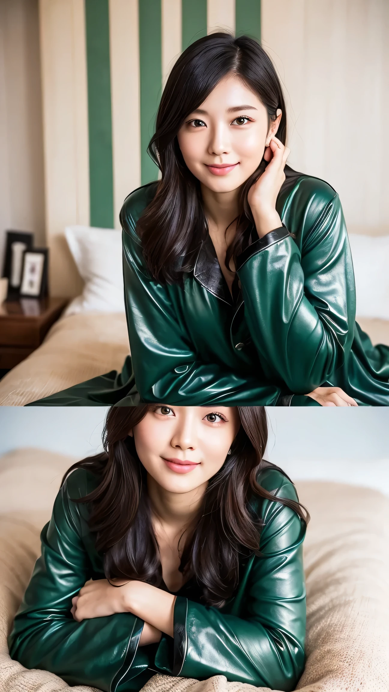 ( by Nomi:1.5), 8k, The beauty of an ultra-delicate face, ( dim room:1.5), Beautiful hair( highest quality: 1.0), ( super sharpness : 1.0),( Depiction of Beautiful Delicate Eyes ),((( beautiful Japanese women))), Unreal Engine:1.4,photo by Nomi:1.4, skin texture :1.4, Masterpiece:1.8, smile、Long limbs、(( on the bed ))、(( full body shot ))、((Dark green leather pajamas that are slightly tight to the body and cover the whole body))、( semi-long hair))、(( I Don't Show My Skin))、(( lying down:1.4))、