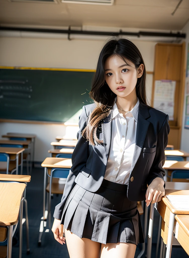 reality,offcial art,8K quality,Super detail,fine detail skin,Movie Angle,cinematic textures,Movie lighting,Masterpiece,Best picture quality,Deep Shadow 1 Girl,Zhu lips,dual horsetail，pony tails,shidudou,1 Girl holding a book in front of the blackboard in the classroom，white colors_Stockings,Long hair,upper legs,polypubic hair,teens girl,JK surreal schoolgirl,of a schoolgirl posing,Japanese school uniform,Realistic schoolgirl,Wearing a Japanese school uniform,Japanese school uniform,Anime girl cosplay,cute female student,Wear a black dress，White stockings，White high socks
