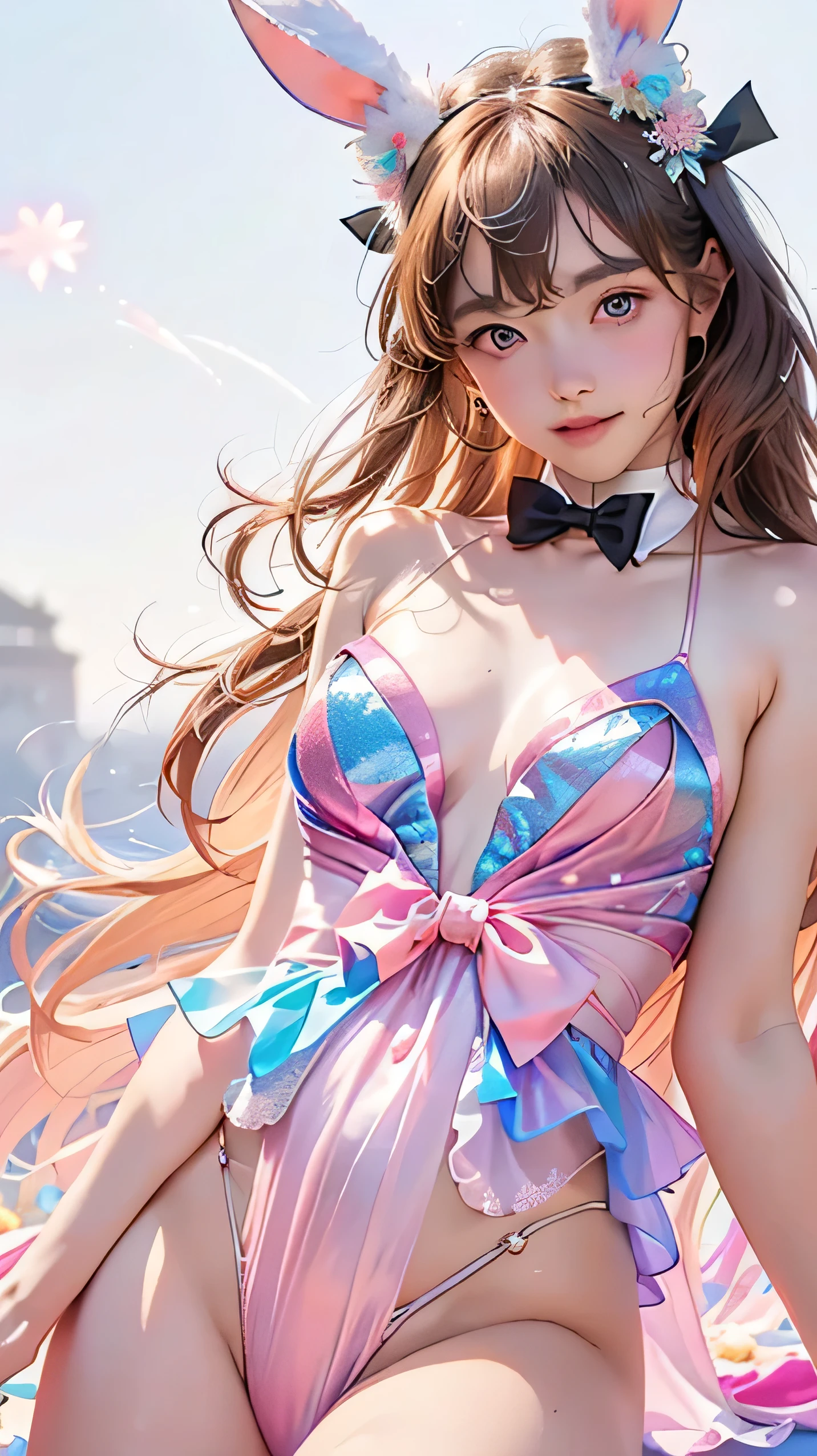 masterpiece, Highest quality, Highly detailed CG Unity 8k wallpaper, (Closeup shot of the upper body head of a beautiful girl), ,, (Mckenna Grace), (Flat Chest,Thighs), (Red Cyan) Golden (Sparkly tutu,long rabbit ears headgear, , bow tie, No pants, Genitals are visible), (Spread your legs), (blush), Oilskin, (Captivating smile), (Wonderland), Pretty face, Key Art, Awards, intricate detail realism hdr, by (Luan Jia, Altgerm and Range Murata), Photorealism, Hyperrealism, Ultra-realistic, Dramatic Light, Strong Shadows, Nice views, Depth of written boundary
 

