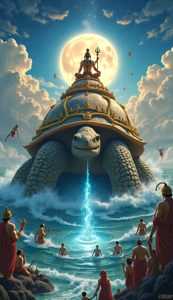 Kurma Avatar: Lord Vishnu in his Kurma (tortoise) form, submerged halfway in the ocean, with Mount Mandara resting on his back. Around him, gods (devas) and demons (asuras) are churning the ocean with the serpent Vasuki wrapped around the mountain. The scene is vibrant, with gods on one side, demons on the other, and the ocean filled with treasures.