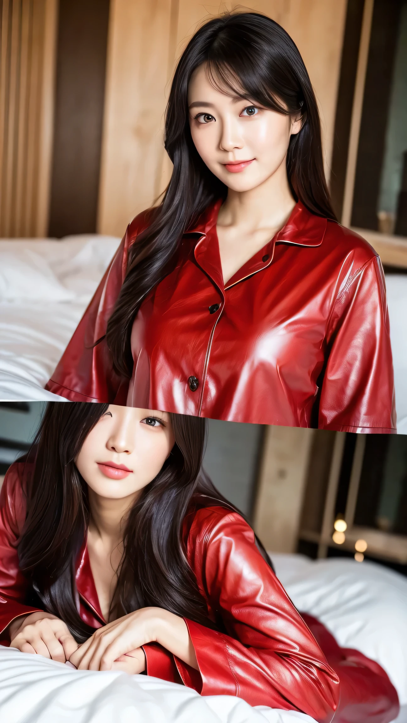 ( by Nomi:1.5), 8k, The beauty of an ultra-delicate face, ( dim room:1.5), Beautiful hair( highest quality: 1.0), ( super sharpness : 1.0),( Depiction of Beautiful Delicate Eyes ),((( beautiful Japanese women))), Unreal Engine:1.4,photo by Nomi:1.4, skin texture :1.4, Masterpiece:1.8, smile、Long limbs、(( on the bed ))、(( full body shot ))、((Dark red leather pajamas that are slightly tight to the body and cover the whole body))、( semi-long hair))、(( I Don't Show My Skin))、(( lying down:1.4))、