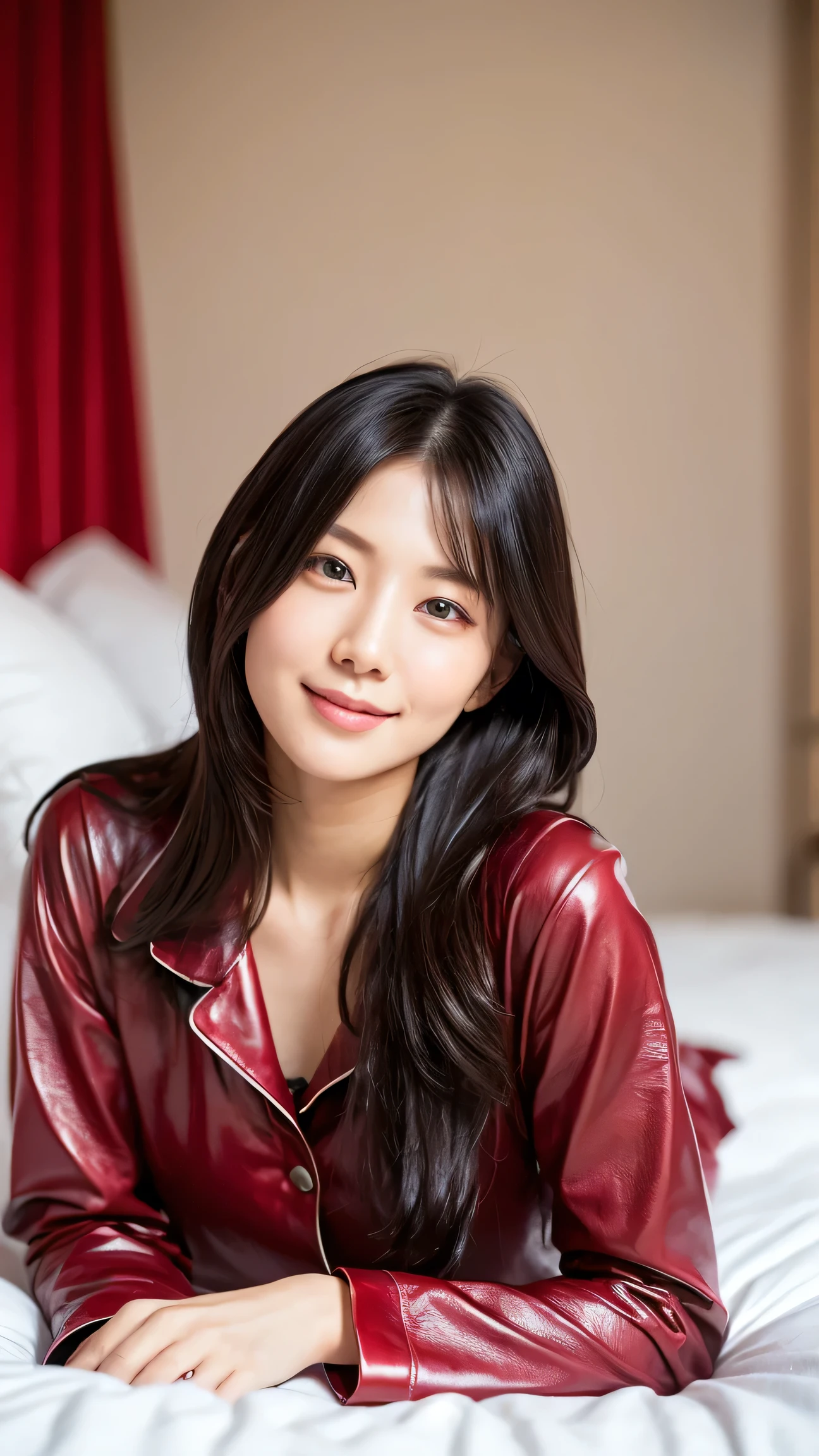 ( by Nomi:1.5), 8k, The beauty of an ultra-delicate face, ( dim room:1.5), Beautiful hair( highest quality: 1.0), ( super sharpness : 1.0),( Depiction of Beautiful Delicate Eyes ),((( beautiful Japanese women))), Unreal Engine:1.4,photo by Nomi:1.4, skin texture :1.4, Masterpiece:1.8, smile、Long limbs、(( on the bed ))、(( full body shot ))、((Dark red leather pajamas that are slightly tight to the body and cover the whole body))、( semi-long hair))、(( I Don't Show My Skin))、(( lying down:1.4))、