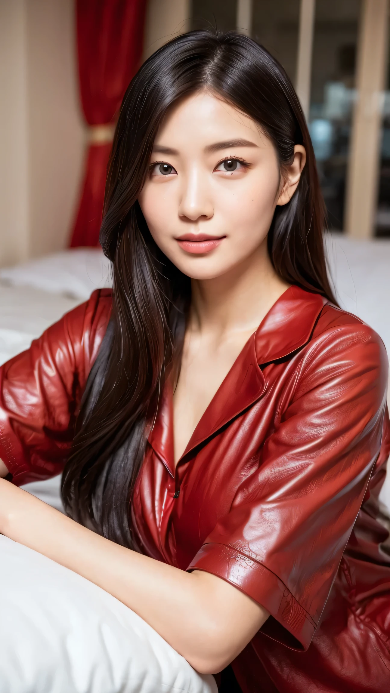 ( by Nomi:1.5), 8k, The beauty of an ultra-delicate face, ( dim room:1.5), Beautiful hair( highest quality: 1.0), ( super sharpness : 1.0),( Depiction of Beautiful Delicate Eyes ),((( beautiful Japanese women))), Unreal Engine:1.4,photo by Nomi:1.4, skin texture :1.4, Masterpiece:1.8, smile、Long limbs、(( on the bed ))、(( full body shot ))、((Dark red leather pajamas that are slightly tight to the body and cover the whole body))、( semi-long hair))、(( I Don't Show My Skin))、(( lying down:1.4))、