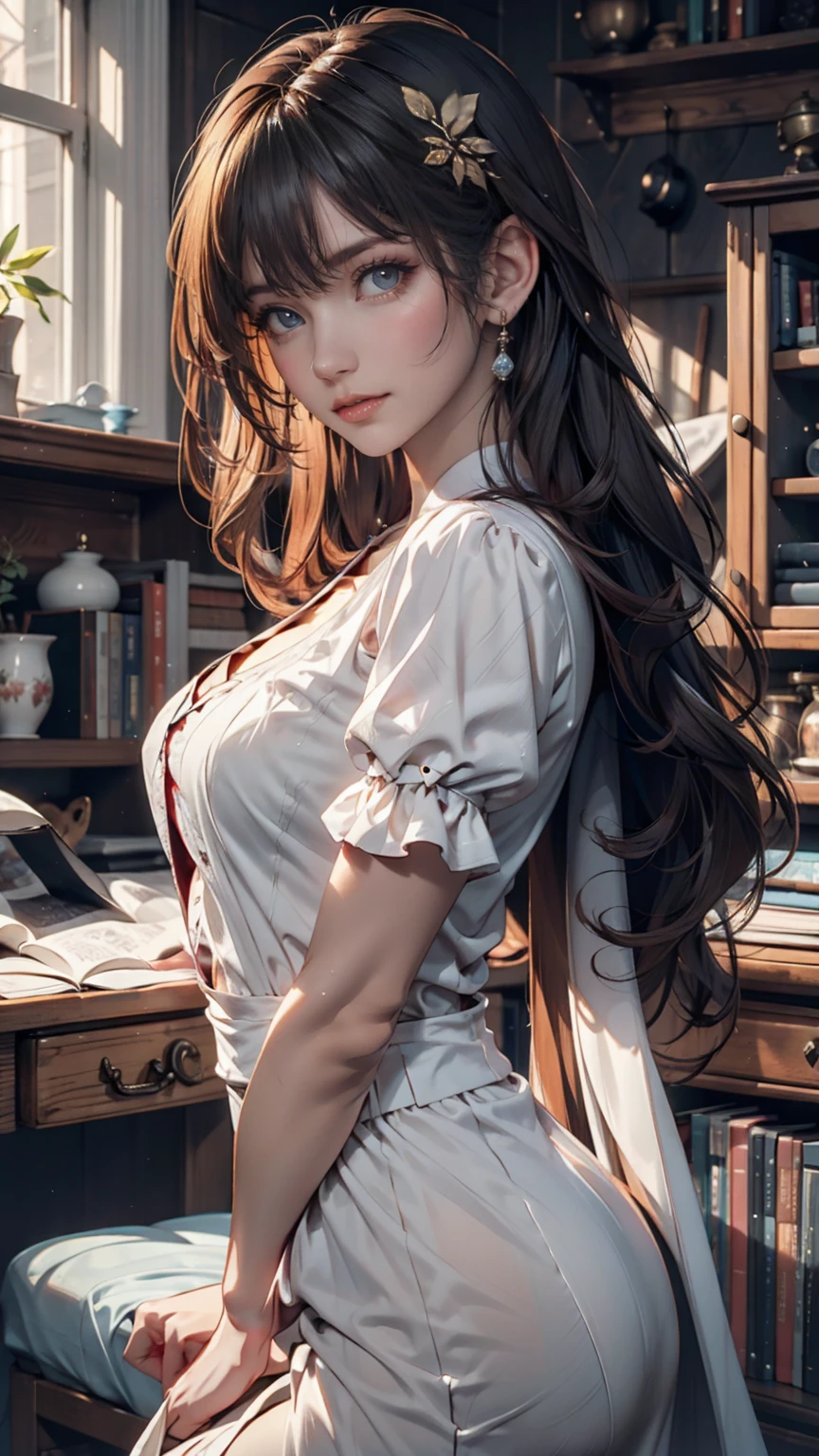 Florence Nightingale, (Ballet Costumes), Sitting in a chair, Smiling for the camera, White formal shirt, Loose collar button, Swollen nipples, Long, loose hair, (Delicate illustrations: 1.4), (Renaissance art: 1.4), (Ultra-high resolution: 1.2), (Photorealism: 1.4), (8k, RAW Photos: 1.2), (Soft Focus: 1.4), ( 18-year-old: 1.3), (Sharp focus: 1.4), Beautiful face with attention to detail, Pure rose face_v1、Sexy proportions、Sexy、Narrow waist