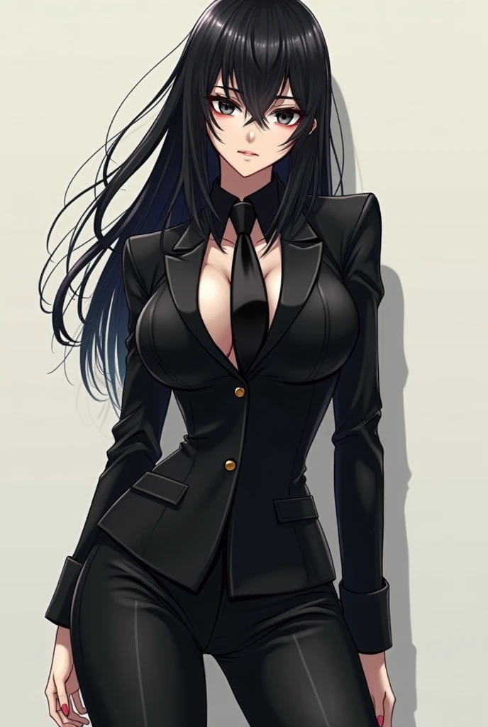 masterpiece, best quality, 1girl, solo, vanwinkle, standing,  female focus, blue eyes, messy hair, suit, glasses, necktie, big breasts, teeth, [[closed mouth]], formal, smug, simple background, pants, ((arms behind back), looking at viewer, indoors, standing, closeup,  boob window, large breasts, face focus, closeup shot, black tuxedo suit