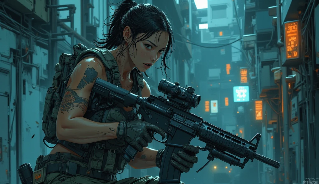 (dramatic lighting), masterpiece, best quality, sinister RAAW photo, of female female in high top panties holding futuristic light machine gun, skin showing, sexy legs, low ready, (dirty, grimy), scratches on arm, horror scene, ominous flickering fluorescent light, tactically advancing through abandoned space station, burn fuse, dangling wires, (bloom:0.5), raytracing, vivid details, cinematic lighting, subsurface scattering, particle system, ((DARK)), photographed on a Sony Alpha 7R V, 24mm film lens, F2.8 aperture, (cool color temperature), (blue filter:0.6), (hyperdetailed, intricately detailed), photorealistic, film like, light refraction, 8k, shadow casting, 8mm film grain, film still from dead space, dynamic angle, (full body:0.9), cowboy shot