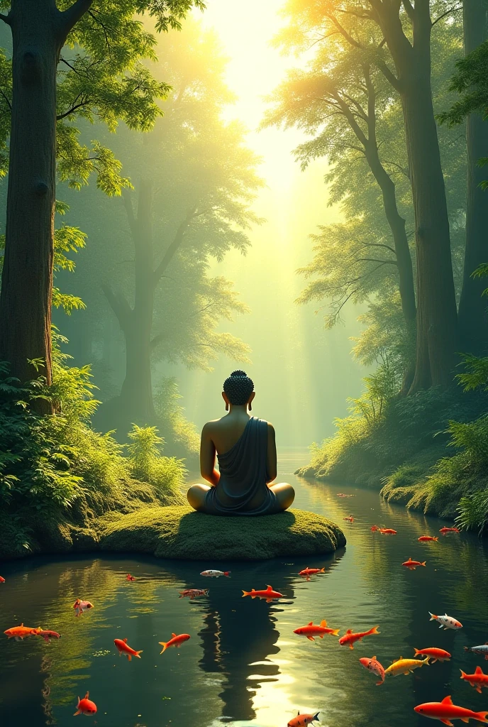 **Siddhartha as an ascetic**:
- Siddhartha Gautama practicing extreme asceticism, sitting under a tree in the forest, emaciated and deep in meditation, surrounded by nature.