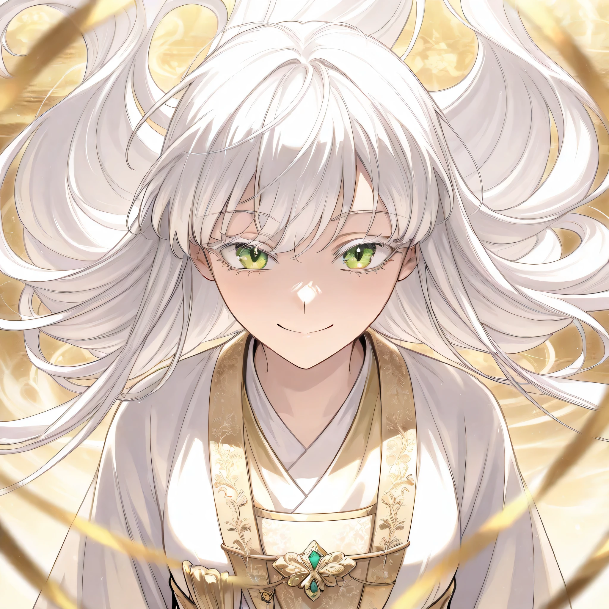 a girl, Alone, Looking at the viewer, Smile, masterpiece, Very long hair, Bangs , White platinum hair, Floating hair , curly hair, Hanfu white and gold, green jade eyes , white eyelashes , foreground , close up