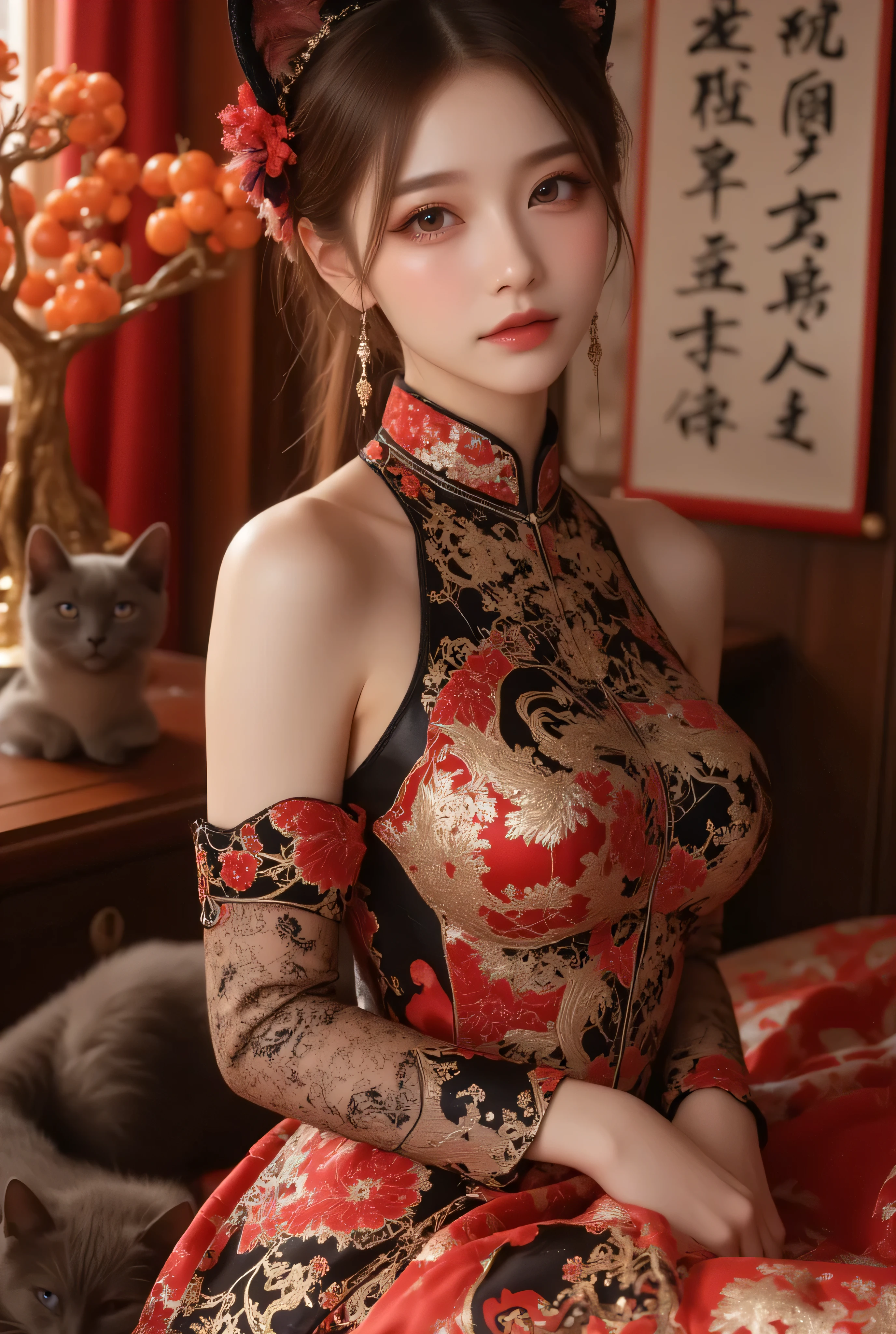Cat ears、 face up, attractive, pretty girl, ponytail、few beautiful lady hair decorations, (( fine facial features , eroticism)), dramatic lighting , realistic , 8k, Dramatic Shadows , intricate and elaborate patterns , super detailed photo , chiaroscuro lighting , Pleasant colors , deep contrast , super real 、 pink lipstick、 warm room、Vintage Fireplace 、 cinematic composition、Close-up of face, pretty half part transparent open shoulder loose outfits dress, tang style, A beautiful Korean idol wearing a one piece red- black tightly cheongsam with phoenix and intricate floral golden embroidery, golden and silver outline on dress, standing gracefully in a room filled with traditional Chinese New Year decorations. The room features vibrant red lanterns, decorative calligraphy scrolls, a small Chinese orange tree with golden ornaments, and several red envelopes scattered across the floor and hanging from the tree. Adorable, playful cats are part of the scene—some sitting near the tree, others curiously pawing at the red envelopes or lounging around. Through a window or an open door in the background, vibrant Chinese fireworks light up the night sky in an array of reds, golds, and blues, casting a magical glow into the room. The idol’s outfit is paired with subtle accessories like red hairpins or earrings, complementing the festive look. The atmosphere is warm and lively, filled with the joyful essence of the celebration, enhanced by the shimmering lights of the fireworks and the lively decor.