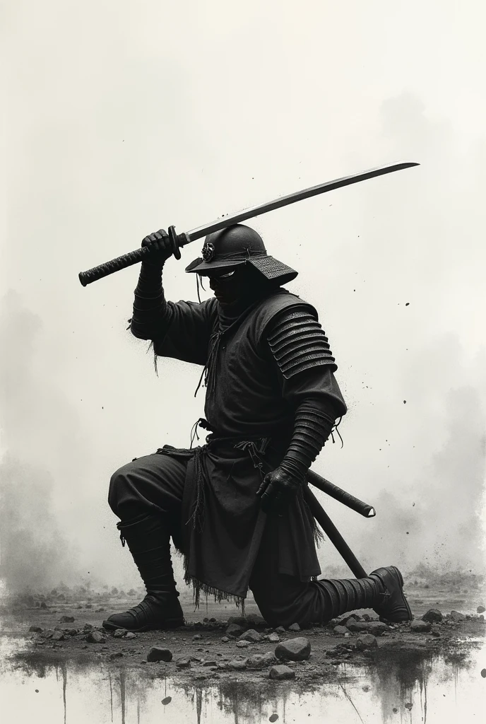 Realistic minimalist charcoal style of a figure of a medieval samurai warrior in an apocalyptic setting in a destroyed city in a guard formation with one knee on the ground and the katana held with both hands on his head