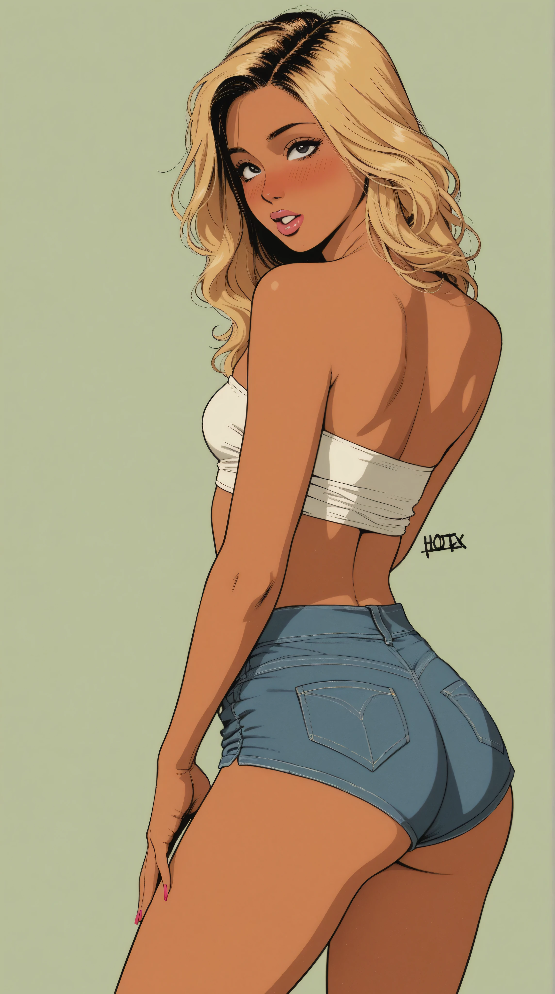 score_8_up, ((adult)), woman, elf, medium breasts, peachy ass, sexy denim hotpants, loose tank top, sideboob, focus on ass