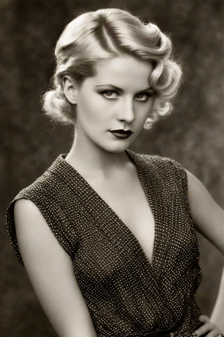 In Berlin, a beautiful woman in her forties in the decadent Weimar Republic era of 1920s Germany, androgynous, with small breasts, perfect makeup, short blonde hair slicked back, she lifts her chin slightly, her mouth half open, and seduces with a lascivious look. in a photo Noir style, monochrome with heavy shadows, focus on her beautiful face, professional lighting, and camera.