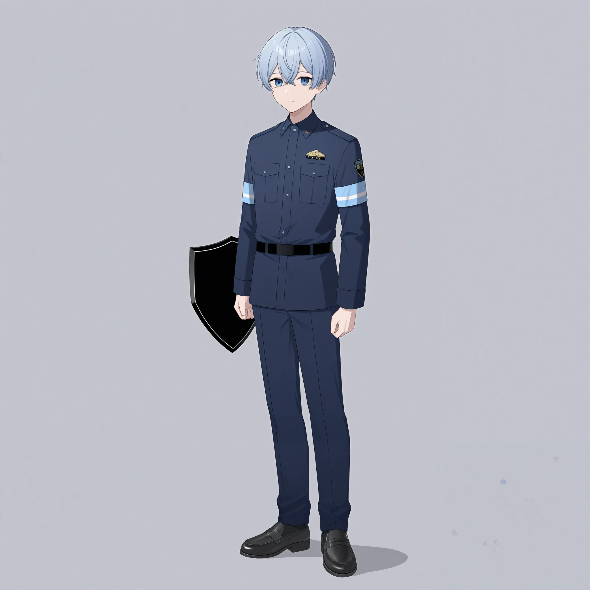 a young boy，Gray-blue hair， wear security clothes ， hold a modern shield on your hands，Full body width，Wear martens on your feet 
