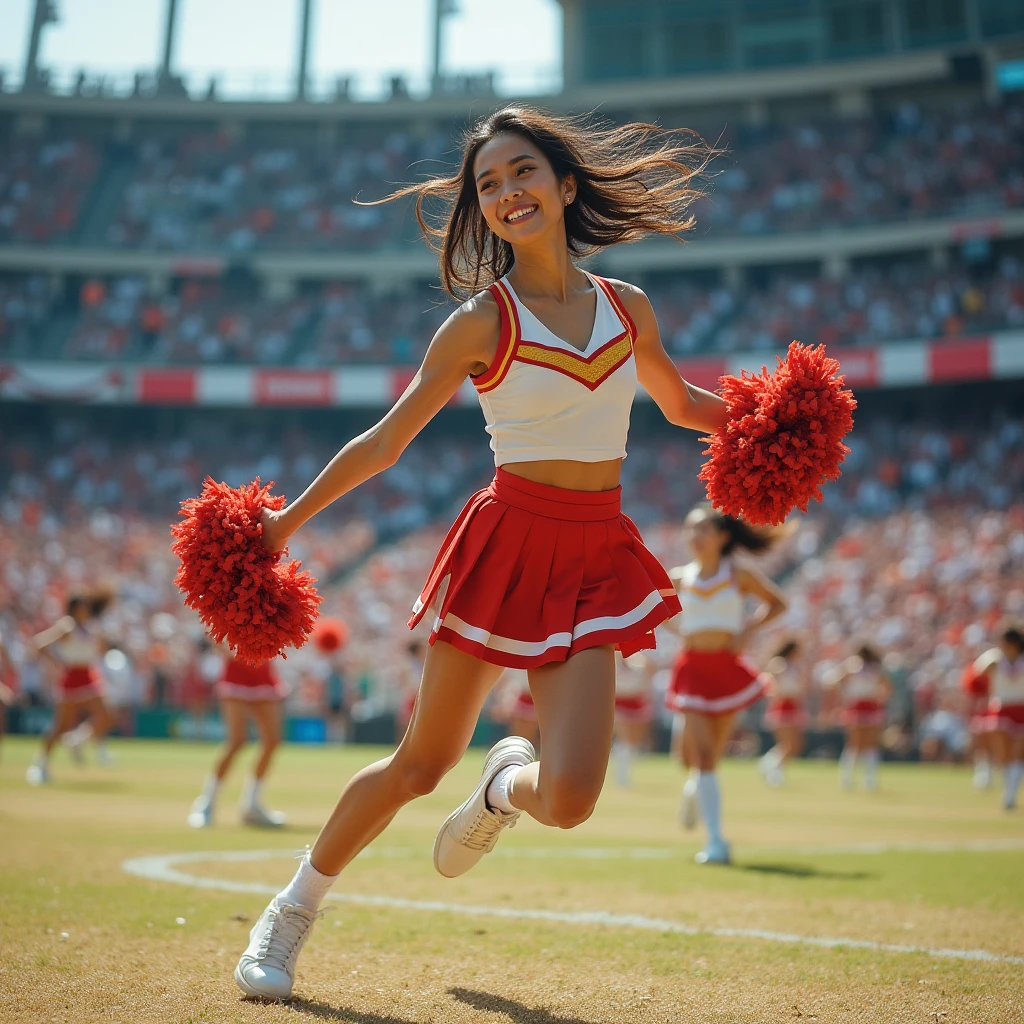 Hot Asian cheerleader. Skirt flowing up