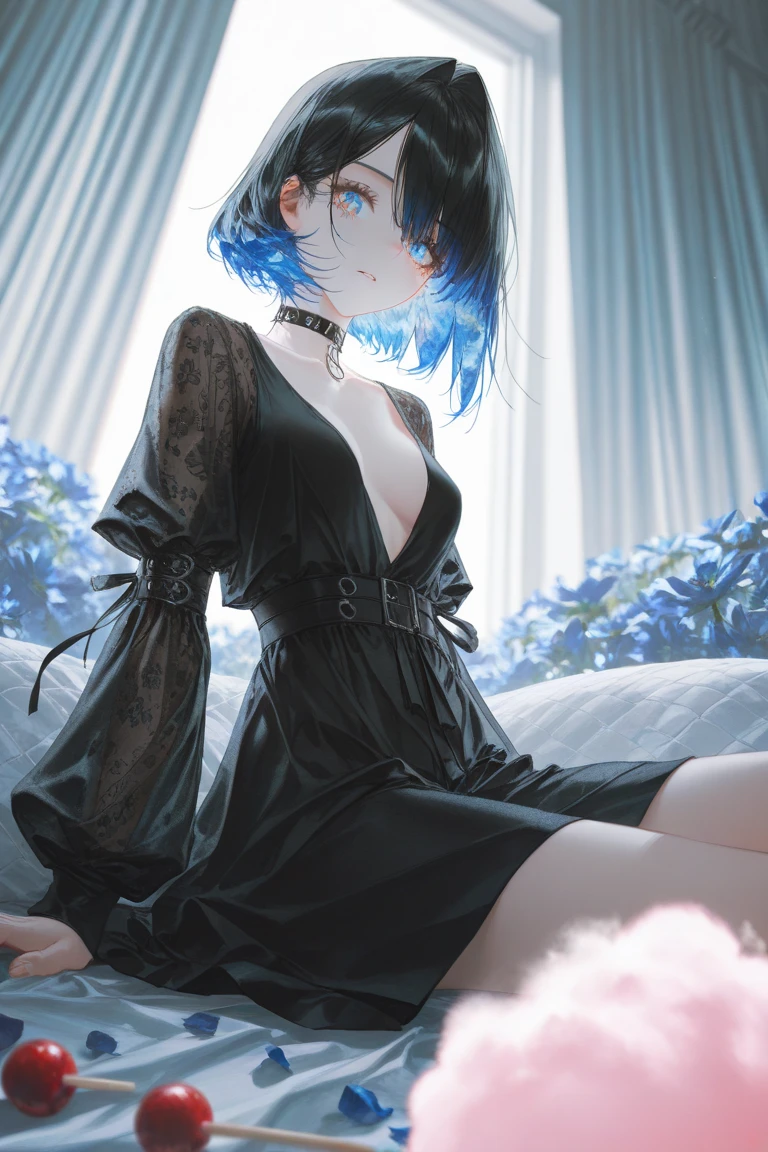 ((top-quality)), ((masterpiece)), ((ultra-detailliert)), (extremely delicate and beautiful), beautiful woman, blue hair with pink ends, blue eyes, wearing sheer black pantyhose, no clothes