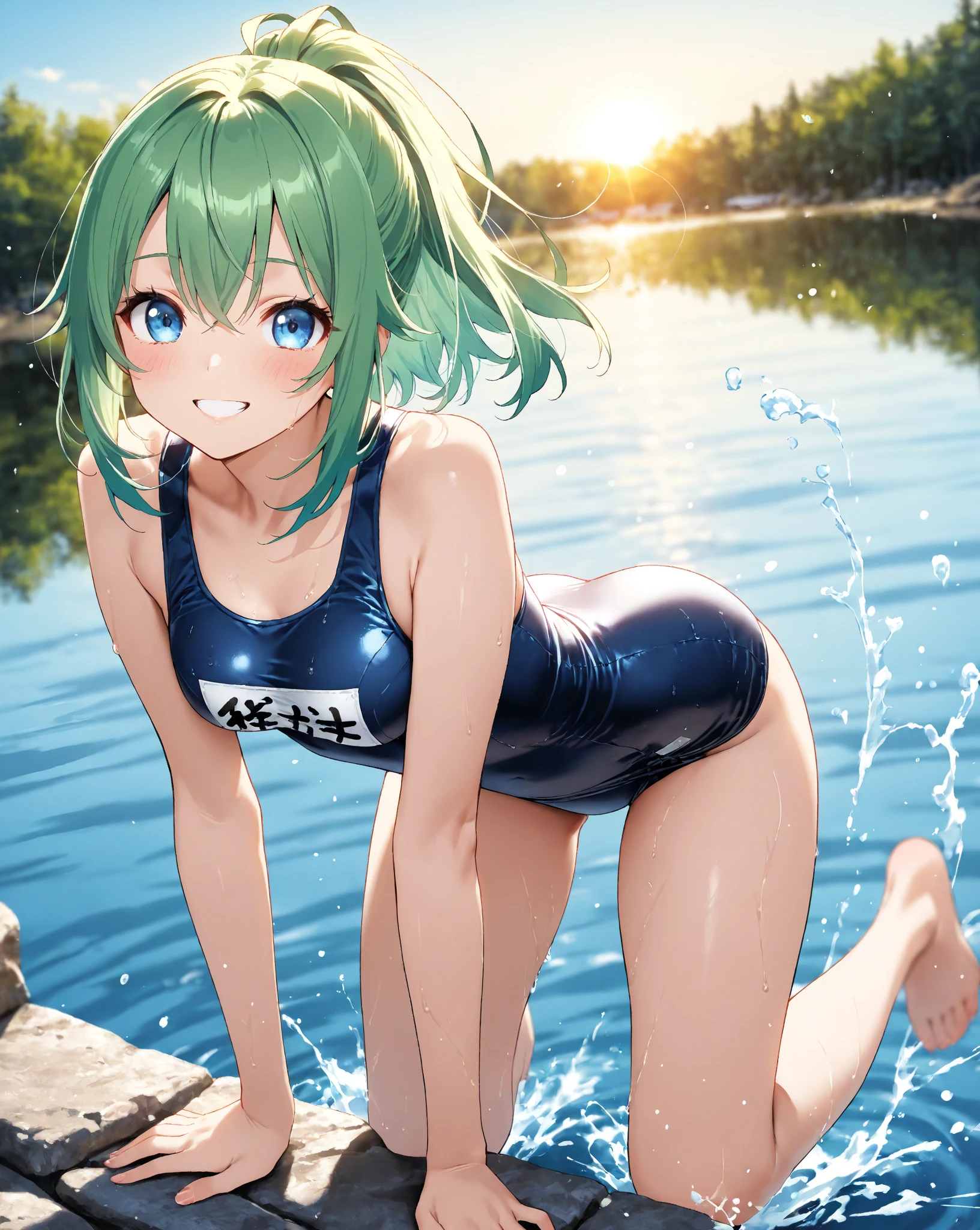 1 girl, cute, young, green hair, bob haircut, green eyes, competition swimsuit, thigh high,