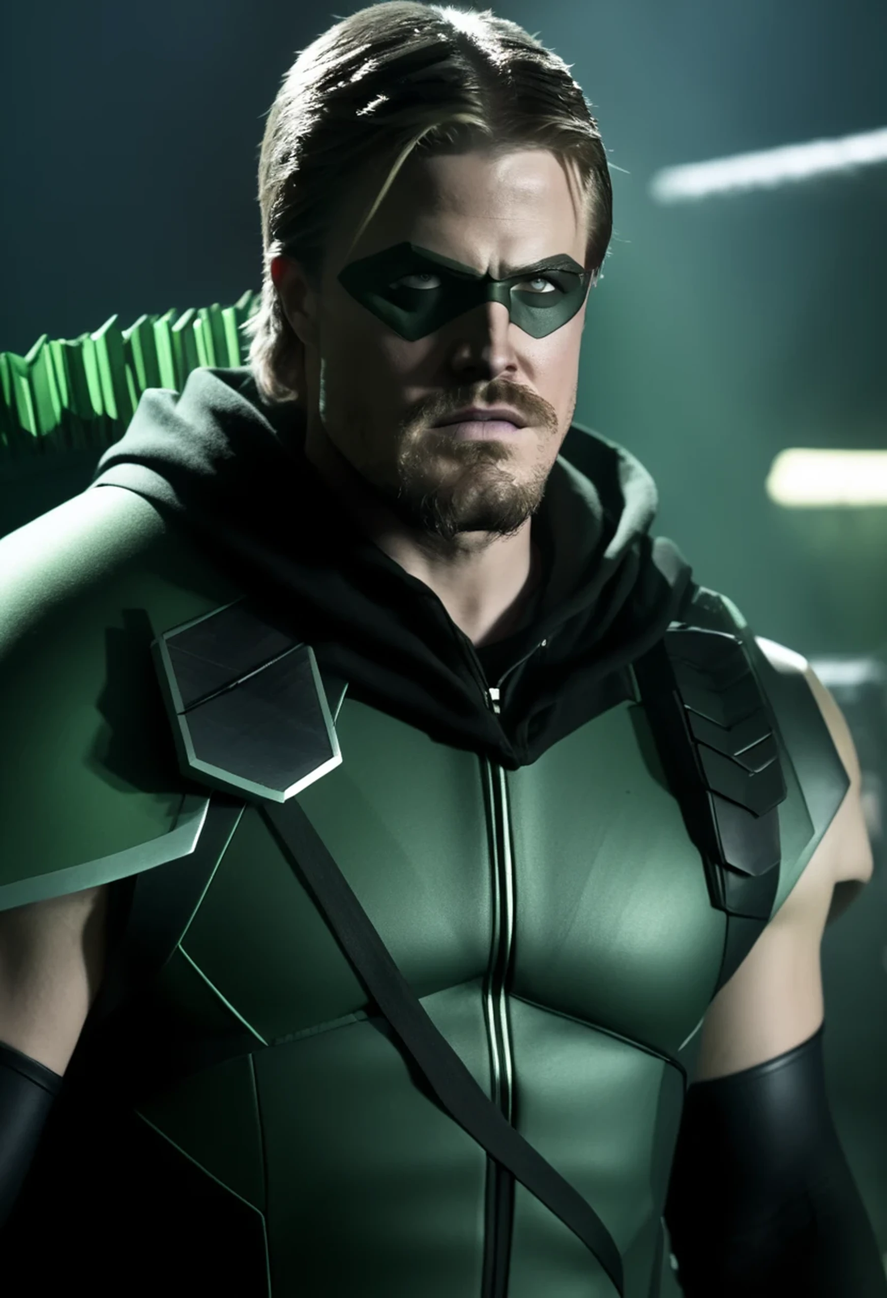 cinematic image of Stephen Amell as Green Arrow live action