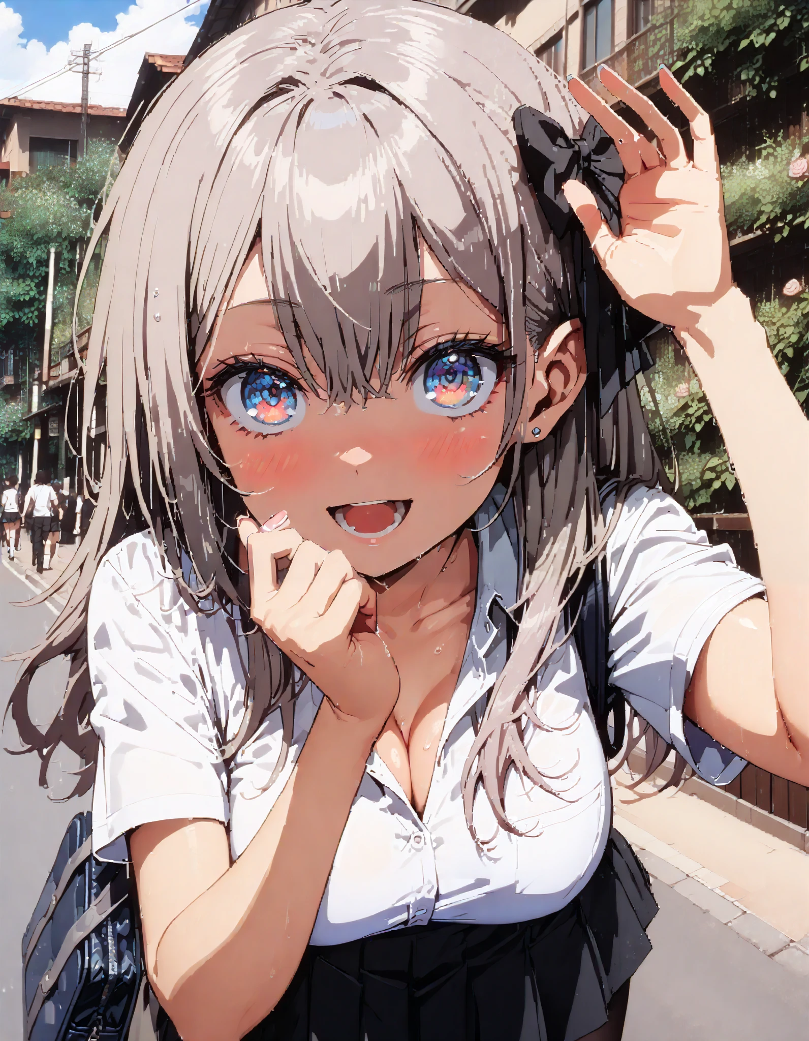alisa mikhailovna kujou , long hair, bangs, blue eyes, hair bow, stupid hair, Grey Hair ,smile,blush, open your mouth, school uniform, tan, white shirt, Short sleeve, Big Breasts, cleavage, gal, collared shirt,Short sleeve,School bag , black mini pleated skirt , rib tights , black pantyhose, loafers, for tomorrow, in the sun's nature,whole bodyがイラストに入るように,
break outdoors,Around town, break looking at viewer,whole body, break ( Masterpiece:1.2), highest quality , kampala, Unity 8k Wallpaper,(shape:0.8),( fine, beautiful eyes :1.6),It's a person ,whole body写真,CG Details , ( perfect hand, Complete Anatomy),