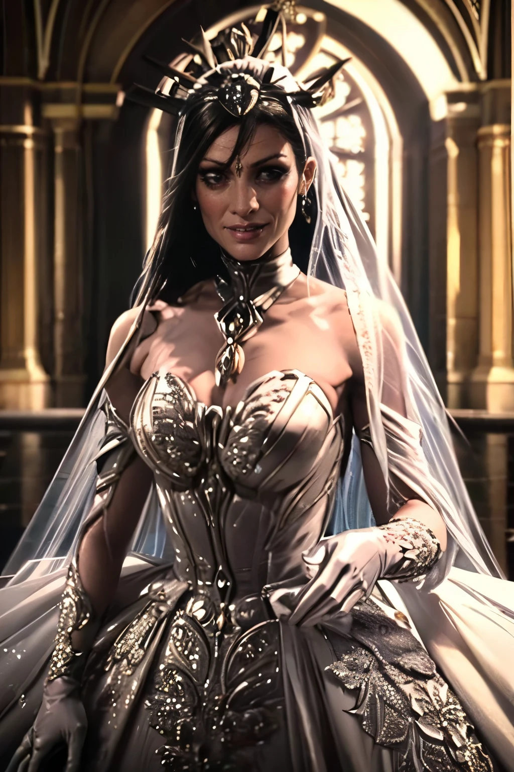 1girl, solo,Hela Marvel, crown,earrings ,lipstick, eye shadow, makeup, hair between eyes, ahoge, hair ornament, gloves, dress, cleavage, bare shoulders, collarbone, white oprea gloves, white gloves, white dress, strapless, white choker, tiara, veil, strapless dress, wedding dress, bridal veil, beautiful woman, perfect body, perfect breasts, wearing a wedding dress, ball gown, in the park trees, wedding decorations, looking at the viewer,  smile, realism, masterpiece, textured skin, super detail, high detail, high quality, best quality, 1080p, black hair