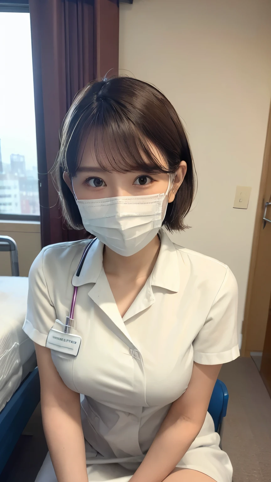 1 girl,(Wearing white nurse clothes:1.2),(RAW photo, highest quality), (realistic, photo-realistic:1.4, masterpiece, very delicate and beautiful, very detailed, 2k wallpaper, very detailed CG unity 8k wallpaper, Super detailed, High resolution), soft light, beautiful detailed girl, very detailed eyes and face, beautifully detailed nose, finely beautiful eyes, nurse, perfect anatomy, black hair, low ponytail style, ((white nurse uniform, mask)), thin, hospital, hospital room, auscultation of the neck,bob cut