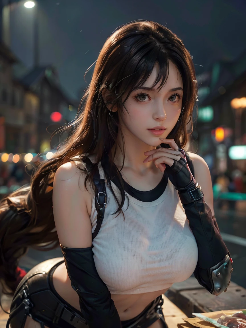 (masterpiece, highest quality:1.4), (Future Day), (Front shot), (One girl:1.2), (alone), (European youth:1), Deftifa, White crop top, Elbow pads, Fingerless gloves, suspenders, Pencil Skirt, Black socks, Red Boots, whole body, Mid-chest, View your viewers, Sexy smile, Future city at night, Beautiful Face, Highly detailed face, Highly detailed skin, Skin pores, Scattered beneath the surface, Realistic pupils, Mid-chest, Apply blush all over the face, Fuller lips, Detailed Background, SFW, Depth of written boundary, Volumetric lighting, Sharp focus, Absurd, Realistic proportions, Excellent anatomy, (Realistic, hyperRealistic:1.4), 16K HDR,