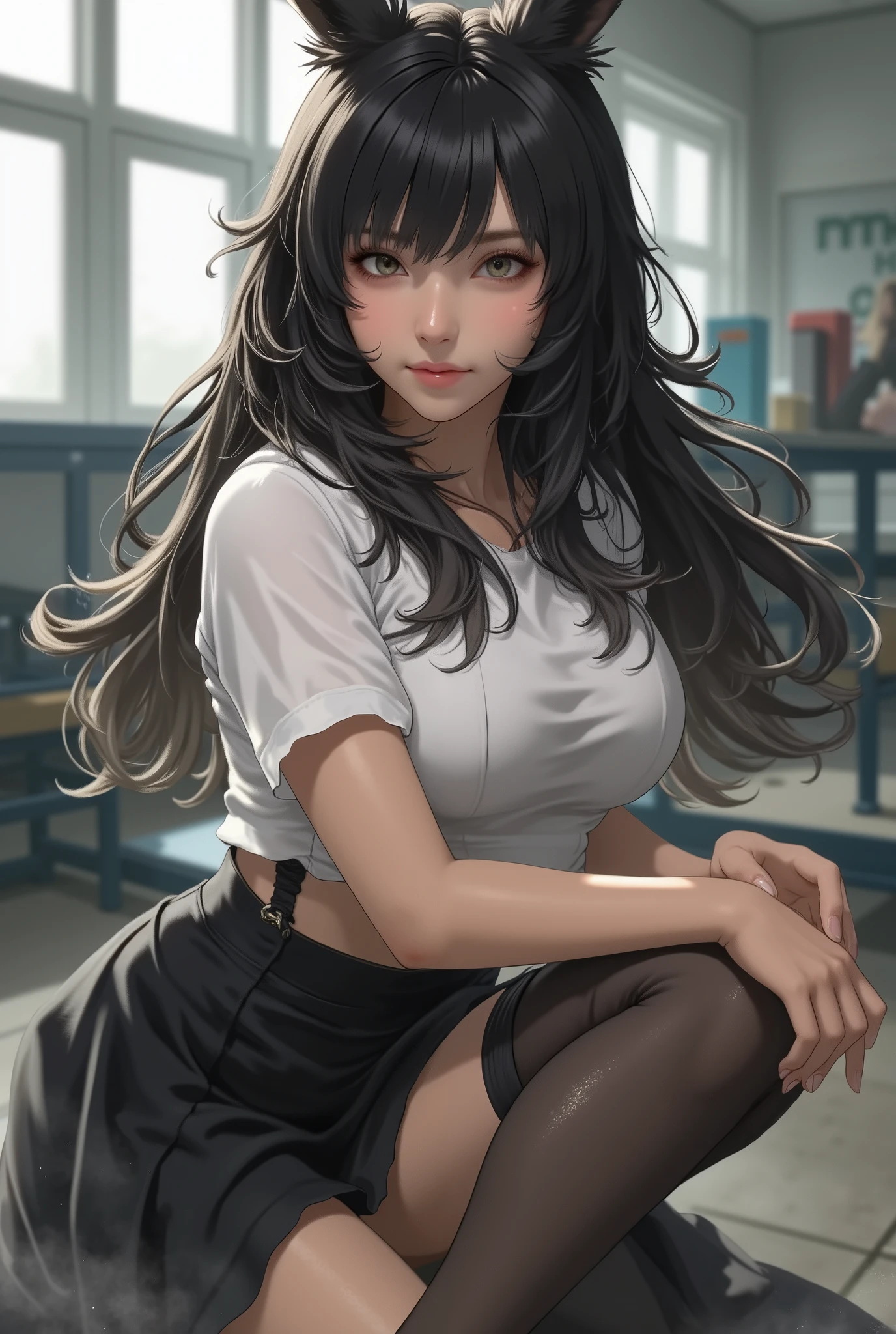((((   Masterpiece)))), ((((   top quality)))),    Hi-Res,fine grain,   detailed face,    Detailed Facial Depiction,   Fine grain  、 detailed face、  detailed hair   、  Sparkling Skin  、sweat、viera,  、(((Viera  )))、Break is a breathtakingly beautiful Viera woman、long,  dark hair like silk, Her hands are behind her back、Emphasis on proportions, The chest button on the shirt has come off to reveal the chest、((big uplifted breasts,  deep cleavage at the tip of the nipple)), ((breasts that pop out of clothes)),((perky breasts)),, ((beautiful nipples)),  short skirt, And tights.  She has a radiant smile , And a confident and graceful attitude,  and a confident, graceful attitude  . BREAKA breathtakingly beautiful Japanese woman, She squats with a slight bend in her spine、Stunning facial and eye detail, She is posed in a classroom. Superb level of detail、Contains soft steam and light mist, The scene is、Her curvaceous figure、 is captured in a dynamic pose of opening her legs. The atmosphere includes、Emphasis on her elegant posture、 contains soft steam or light haze.  ultra high definition , 32K resolution,  Masterpieceレベルのディテール ,  Hausmo style .