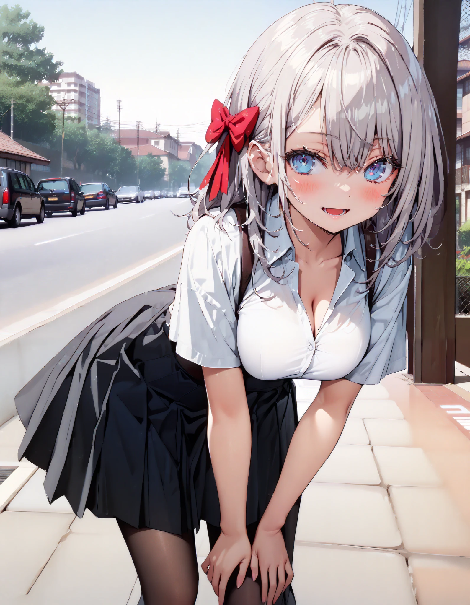 Young girl with grey hair, ((fringed and curly hair)),((curly short twintail)), curly hair ,(red eyes),, ((small bushy eyebrows)), wearing gothic ta clothing, loli, walking to school, bored look, bored face,, girl sucking penis cum bubbling out her mouth, in a street, girl giving a deepthroat blowjob to male, multiple vignettes