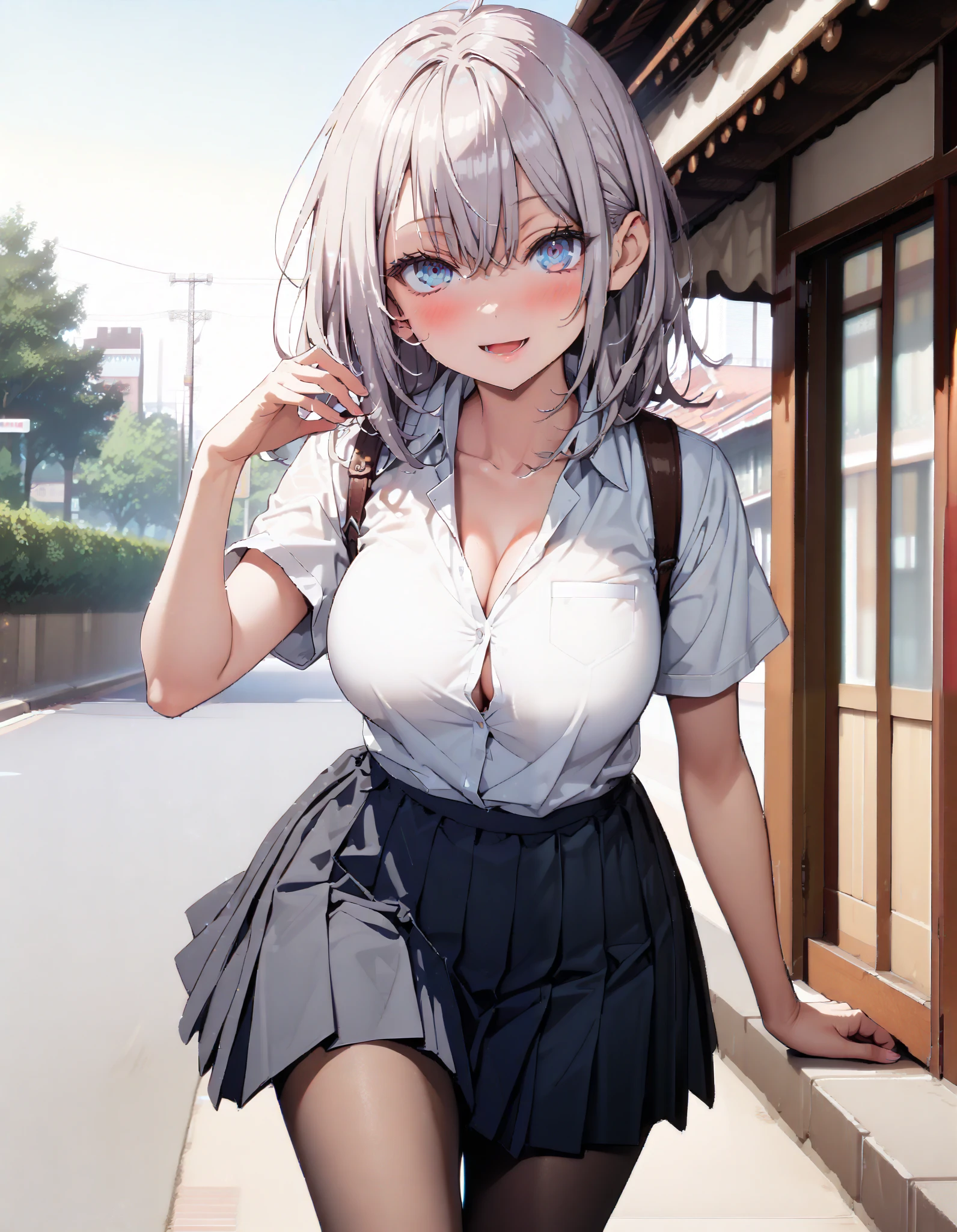 alisa mikhailovna kujou , long hair, bangs, blue eyes, hair bow, stupid hair, Grey Hair ,smile,blush, open your mouth, school uniform, tan, white shirt, Short sleeve, Big Breasts, cleavage, gal, collared shirt,Short sleeve,School bag , black mini pleated skirt , rib tights , black pantyhose, loafers, for tomorrow, in the sun's nature,whole bodyがイラストに入るように,
break outdoors,Around town, break looking at viewer,whole body, break ( Masterpiece:1.2), highest quality , kampala, Unity 8k Wallpaper,(shape:0.8),( fine, beautiful eyes :1.6),It's a person ,whole body写真,CG Details , ( perfect hand, Complete Anatomy),