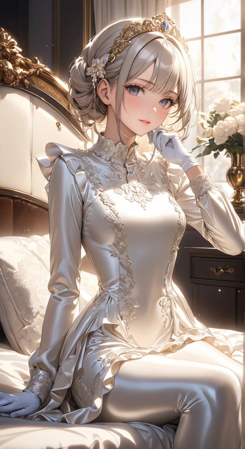 Best quality at best,tmasterpiece,1girll,10years old,white wedding gown,Surrounded by flowers,The upper part of the body,closeup cleavage,with short black hair,big breasts beautiful,looking at viewert,ssmile,white stockings,particle fx,Off-the-shoulder attire