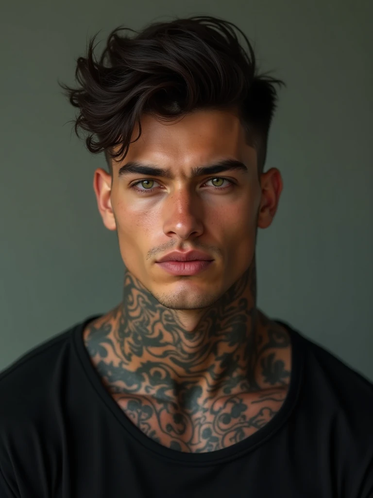 A young man AI high quality muscular “ruy” tattoo and other tattoos fair skin tanned light pink mouth with realistic bedroom background