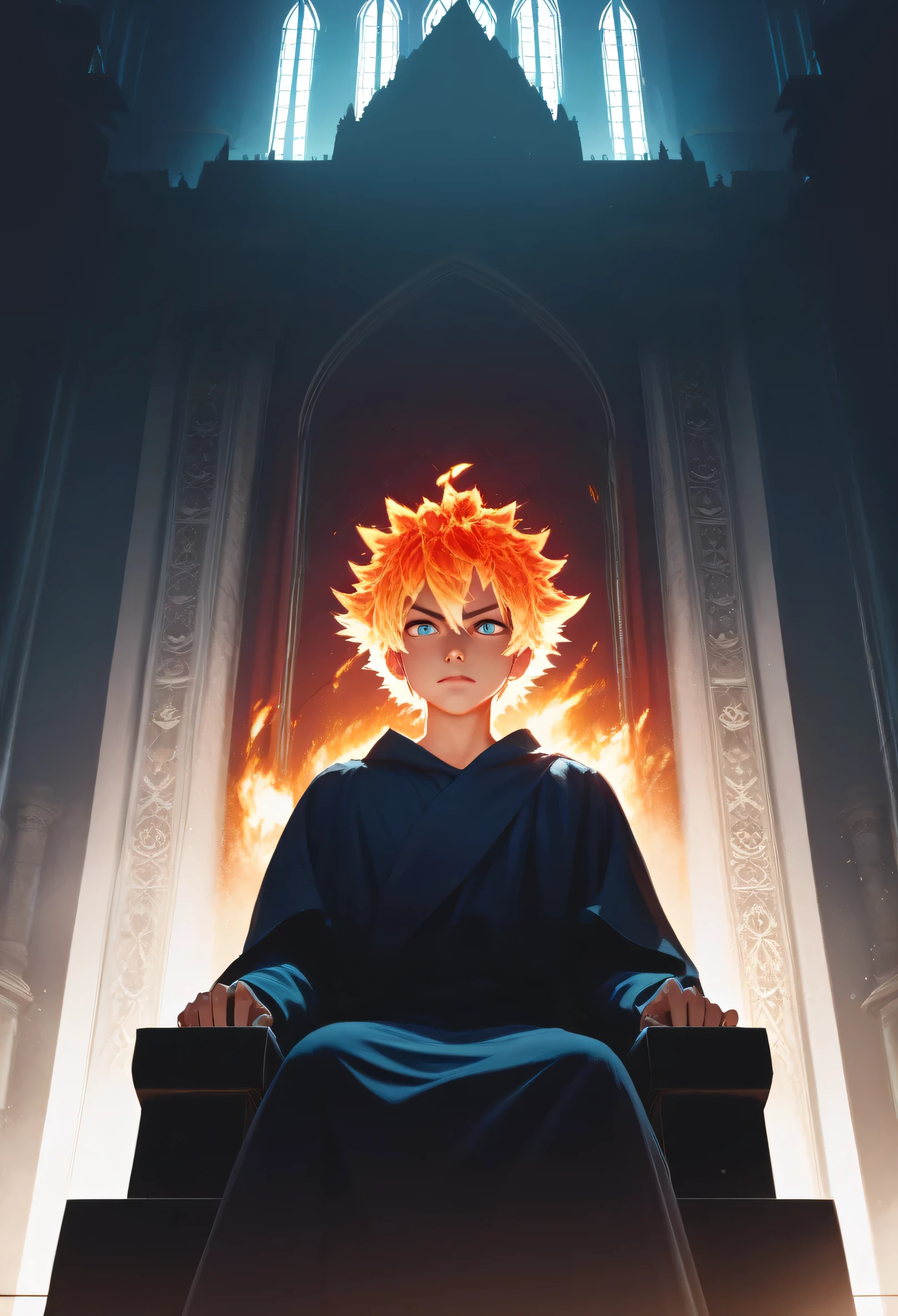 a cute young boy yr,messy short fire hair,angry,sharp gaze glow blue eyes,fire hair,from front below,in throne castle,wearing robe,perfect face,hd,4k,8k,dynamics lighting,perfect lighting,realistic