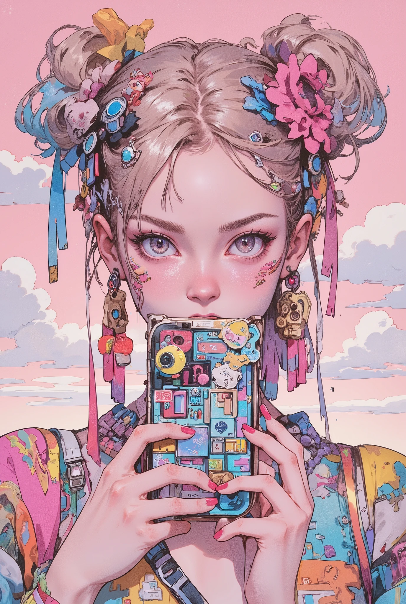 anime girl hiding her mouth with a decorated cell phone,Decora style illustration, soft anime illustration , Cell Phone-Themed Girl , anime girl holding a cell phone ,Cute aesthetics, pastel goth style , anime atmosphere , anime style, Lisa Frank & mixed style by Sho Murase , 1990s anime style, Holo Sticker, Purple aesthetics, 90s anime style , superior, Hair Band , hairpins,Hair ties,Nail