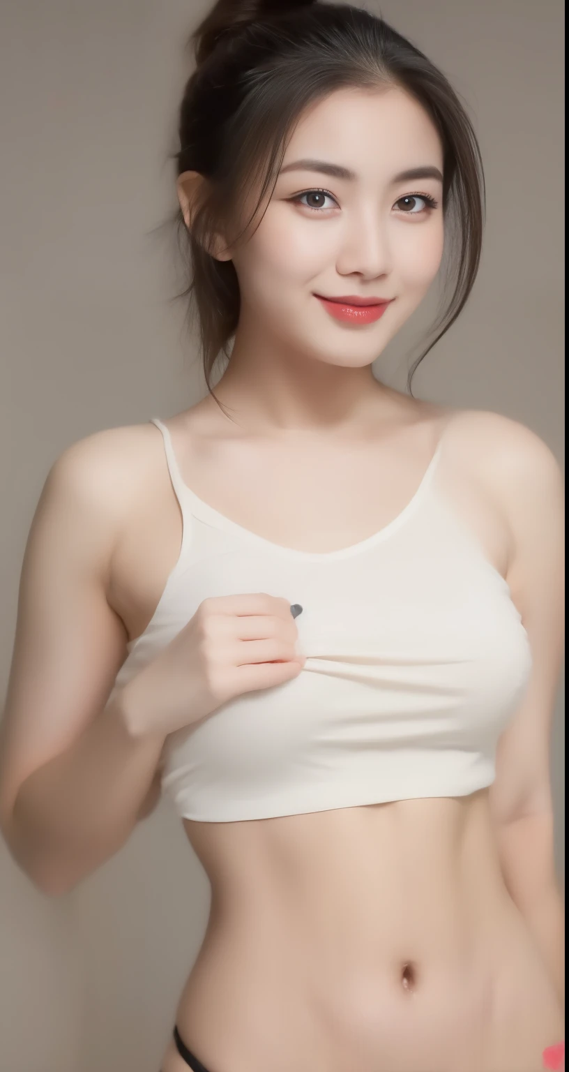 Close-up of a woman in a white bra top holding a cell phone, White bra, Sports bra, training bra, Bra, Sports bra, Wearing a bra, very tight small push up bra, bralette, sexy push up bras, tight push up bra, bra strap, smooth body features, sport bra and shirt, Good young girl