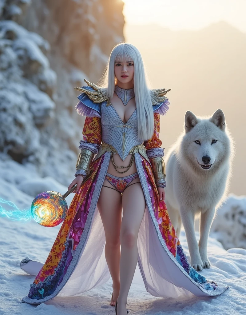 Beautiful white wolf girl with long snow-white hair, wolf ears and a fluffy tail. She has sky blue eyes and a white and blue outfit that reflects her Finnish origin, Huge Breasts, with a big smile. He is wearing complete blue armor with white details, in his left hand he holds a blue sword, and in his right hand he is wrapped in blue magic, full body, standing.