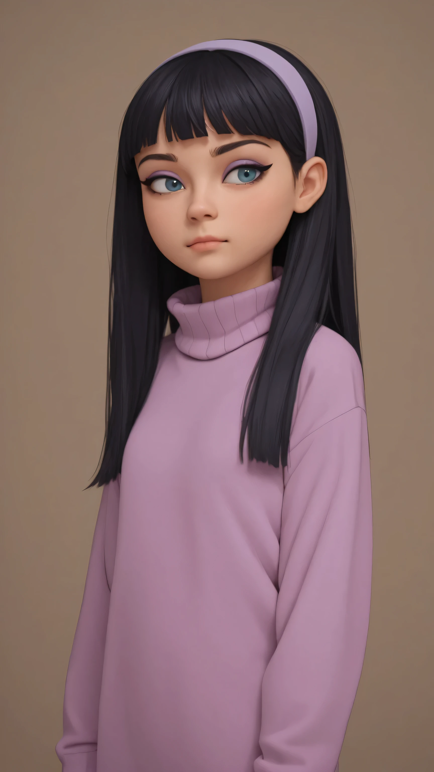 score_9, score_8_up, score_7_up, rating_explicit, 1girl, trixie tang, black hair, 1girl, long hair, hairband, bangs, eyeshadow, makeup, flat chest, cute, white miniskirt, pink turtleneck sweater, blue eyes, short height
