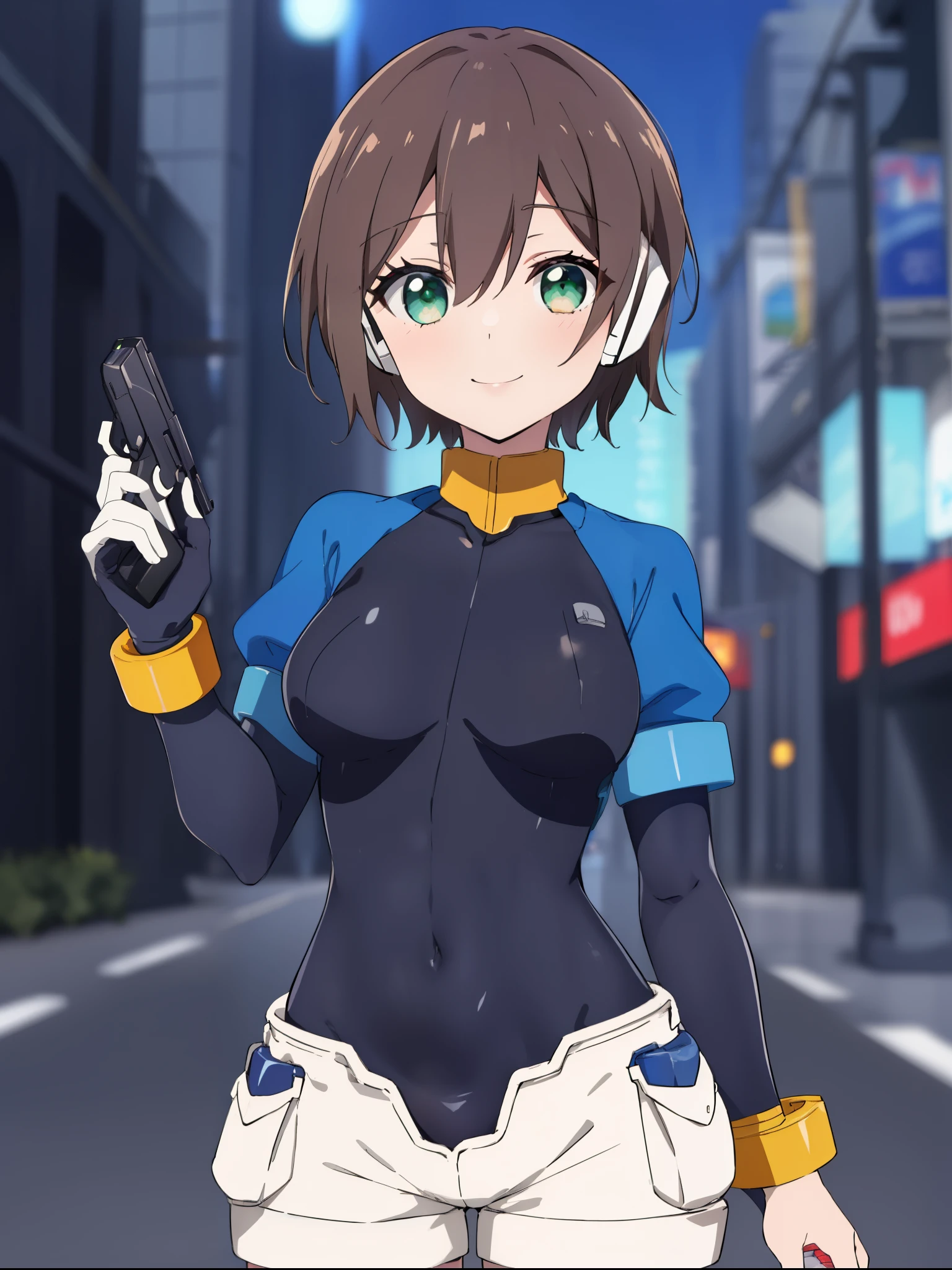 masterpiece, best quality, integrated scenery, integrated background, extremely delicate and beautiful, meticulous details, good composition, , cute face, perfect face, perfect hands, aile_megamanzx, , 1young__girl, solo, short hair, brown hair, short sleeves, (bodysuit), robot ears, green eyes, short_shorts, short sleeves, short over long sleeves, smile, in futuristic city, , high quality, medium_breasts,crotch, slouch,handgun,
