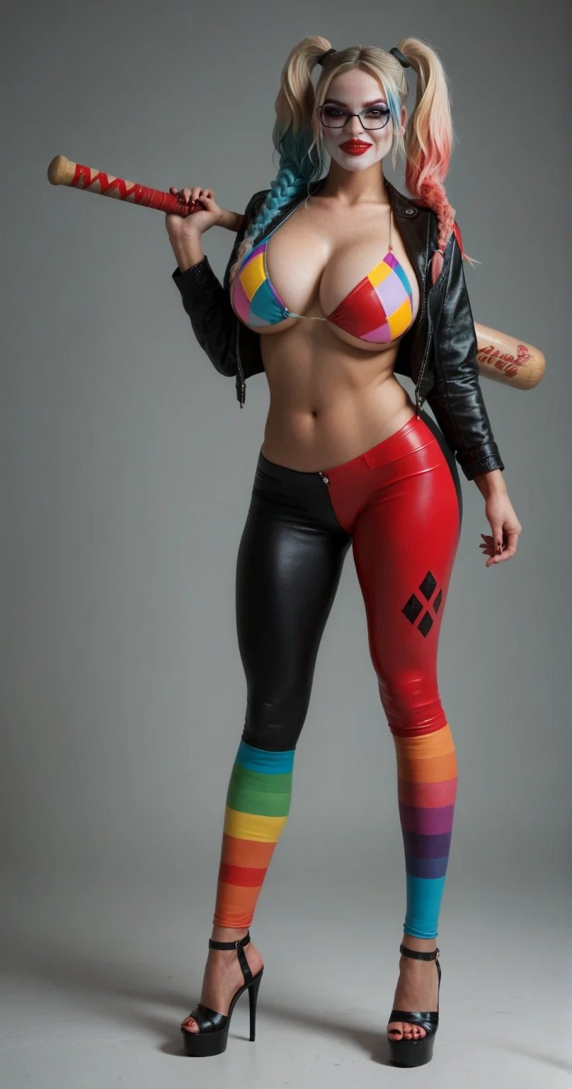   super realistic,  ultra realistic,  detailed ,  high resolution , Harley Quinn, with very colorful bikini and with a colorful open leather jacket , with tight-fitting leggings also very colorful , mit roten High Heels, very big massive plump Bimbo silicone breasts, long colorful hair with two braids left and right ,  red lipstick , slim and sportily built, Does red glasses , On and in the right hand your baseball bat