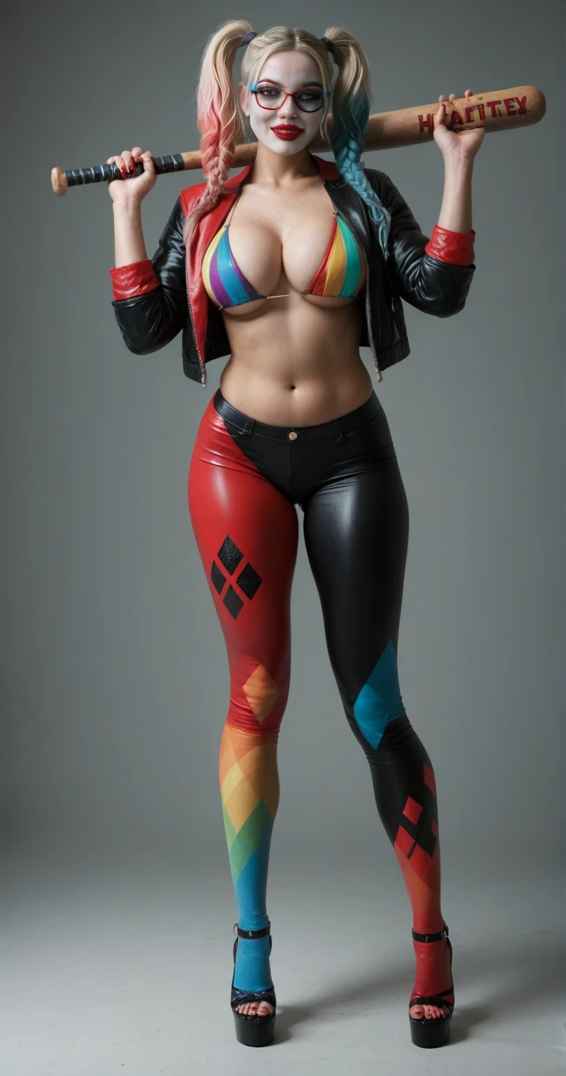   super realistic,  ultra realistic,  detailed ,  high resolution , Harley Quinn, with very colorful bikini and with a colorful open leather jacket , with tight-fitting leggings also very colorful , mit roten High Heels, very big massive plump Bimbo silicone breasts, long colorful hair with two braids left and right ,  red lipstick , slim and sportily built, Does red glasses , On and in the right hand your baseball bat