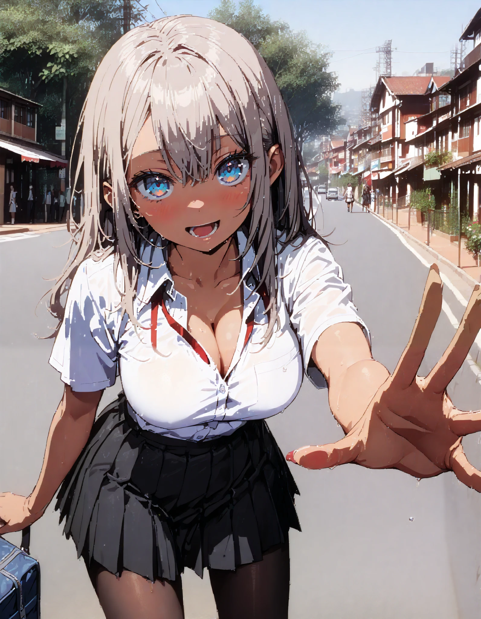 alisa mikhailovna kujou , long hair, bangs, blue eyes, hair bow, stupid hair, Grey Hair ,smile,blush, open your mouth, school uniform, tan, white shirt, Short sleeve, Big Breasts, cleavage, gal, collared shirt,Short sleeve,School bag , black mini pleated skirt , rib tights , black pantyhose, loafers, for tomorrow, in the sun's nature,whole bodyがイラストに入るように,
break outdoors,Around town, break looking at viewer,whole body, break ( Masterpiece:1.2), highest quality , kampala, Unity 8k Wallpaper,(shape:0.8),( fine, beautiful eyes :1.6),It's a person ,whole body写真,CG Details , ( perfect hand, Complete Anatomy),
