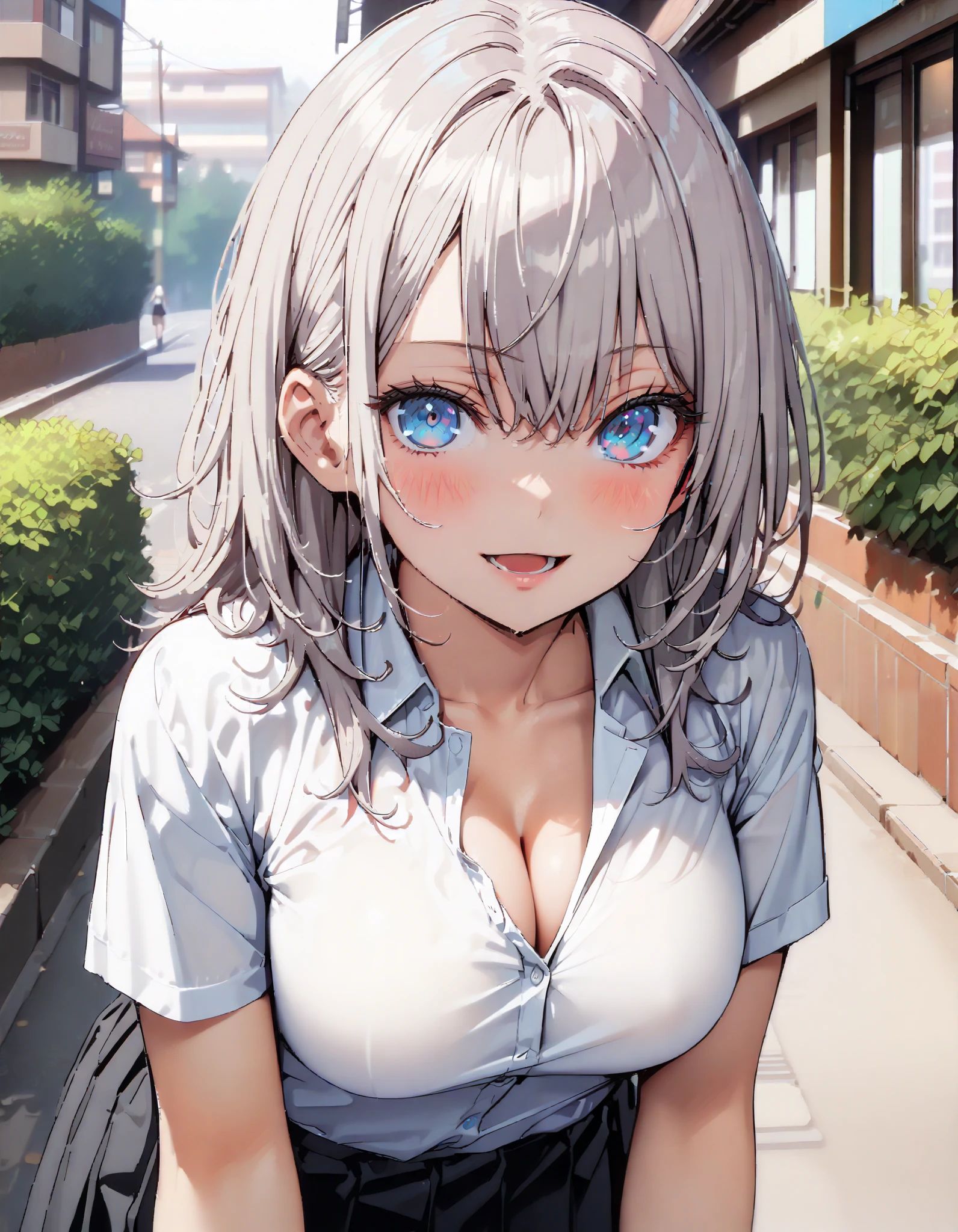 alisa mikhailovna kujou , long hair, bangs, blue eyes, hair bow, stupid hair, Grey Hair ,smile,blush, open your mouth, school uniform, tan, white shirt, Short sleeve, Big Breasts, cleavage, gal, collared shirt,Short sleeve,School bag , black mini pleated skirt , rib tights , black pantyhose, loafers, for tomorrow, in the sun's nature,whole bodyがイラストに入るように,
break outdoors,Around town, break looking at viewer,whole body, break ( Masterpiece:1.2), highest quality , kampala, Unity 8k Wallpaper,(shape:0.8),( fine, beautiful eyes :1.6),It's a person ,whole body写真,CG Details , ( perfect hand, Complete Anatomy),